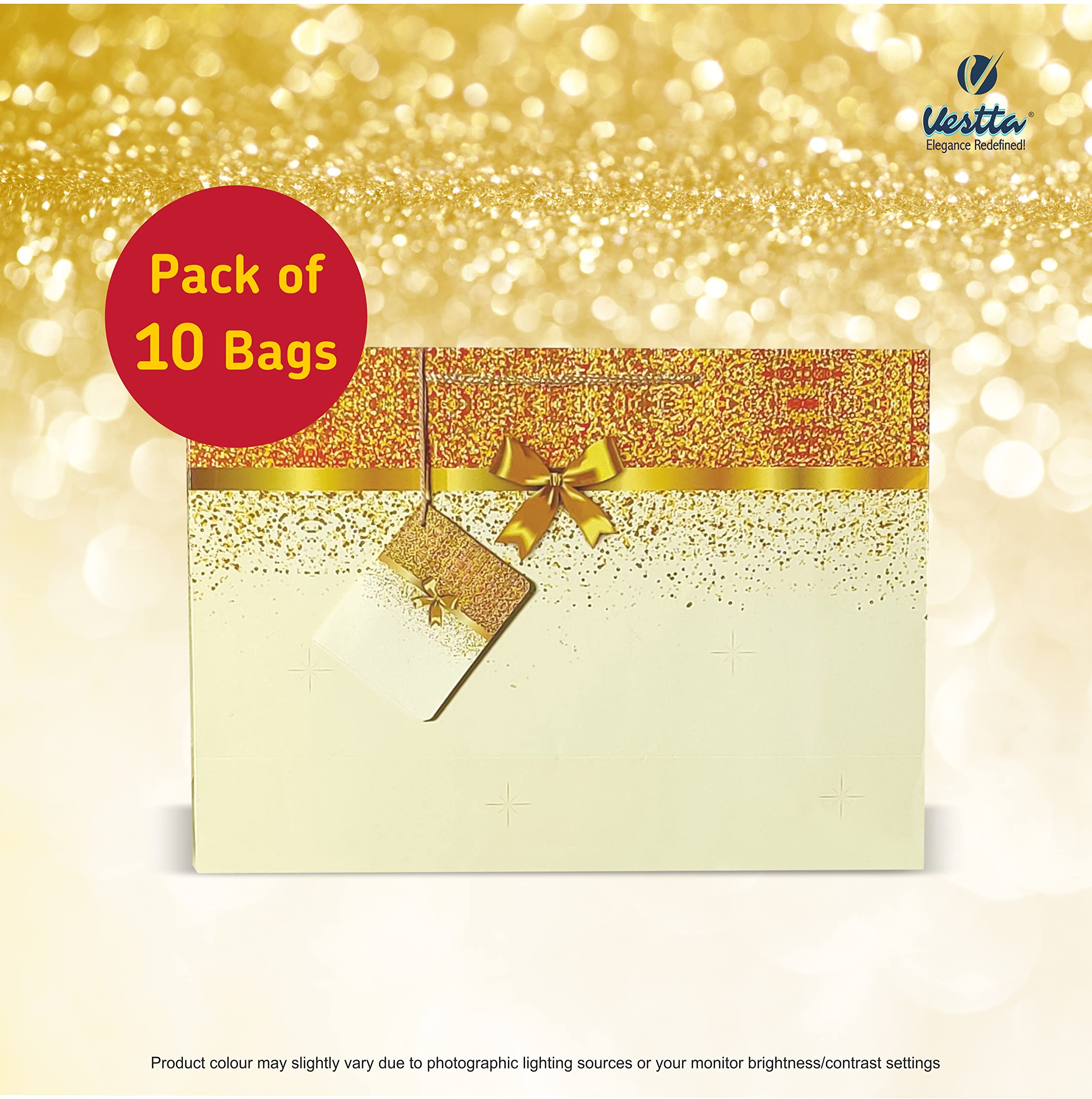 VESTTA -ELEGANCE REDEFINED Gifts Paper Bags, Glitter With Golden Bow, Gloss Finish, 14 (L) X 4.5 (B) X 10(H) Inches, Pack Of 10, Weddings, Diwali, Birthdays, Christmas With Gift Tags (Off-White)