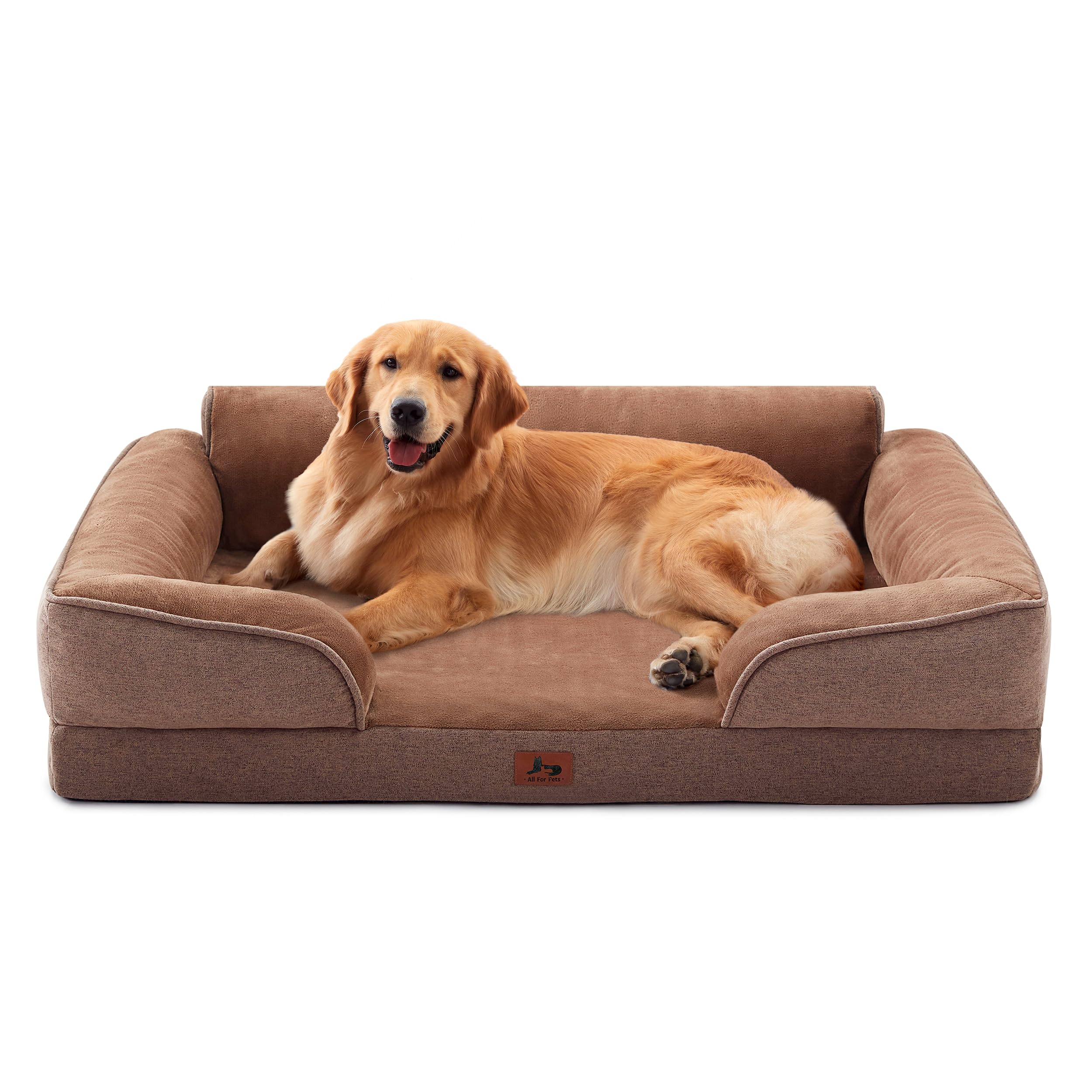 XL Orthopedic Dog Beds for Large Dogs, Waterproof Egg-Crate Foam Pet Couch Bed with Soft Sides, Non-Slip Dog Sofa with Flannel Removable Washable Cover, 42" L Supportive Pet Sofa, Brown