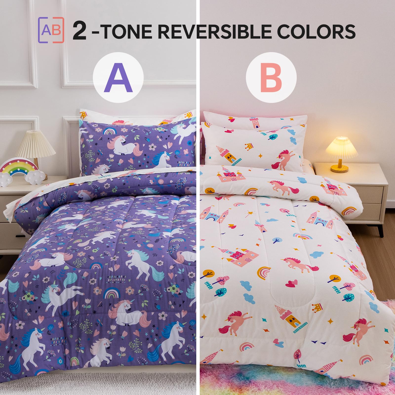 Btargot 5Pcs Purple Floral Unicorn Bedding Set for Girls Kids, Twin Size Rainbow Flower Unicorn Comforter Set, Bed in a Bag with Comforter, Sheets and Pillowcases