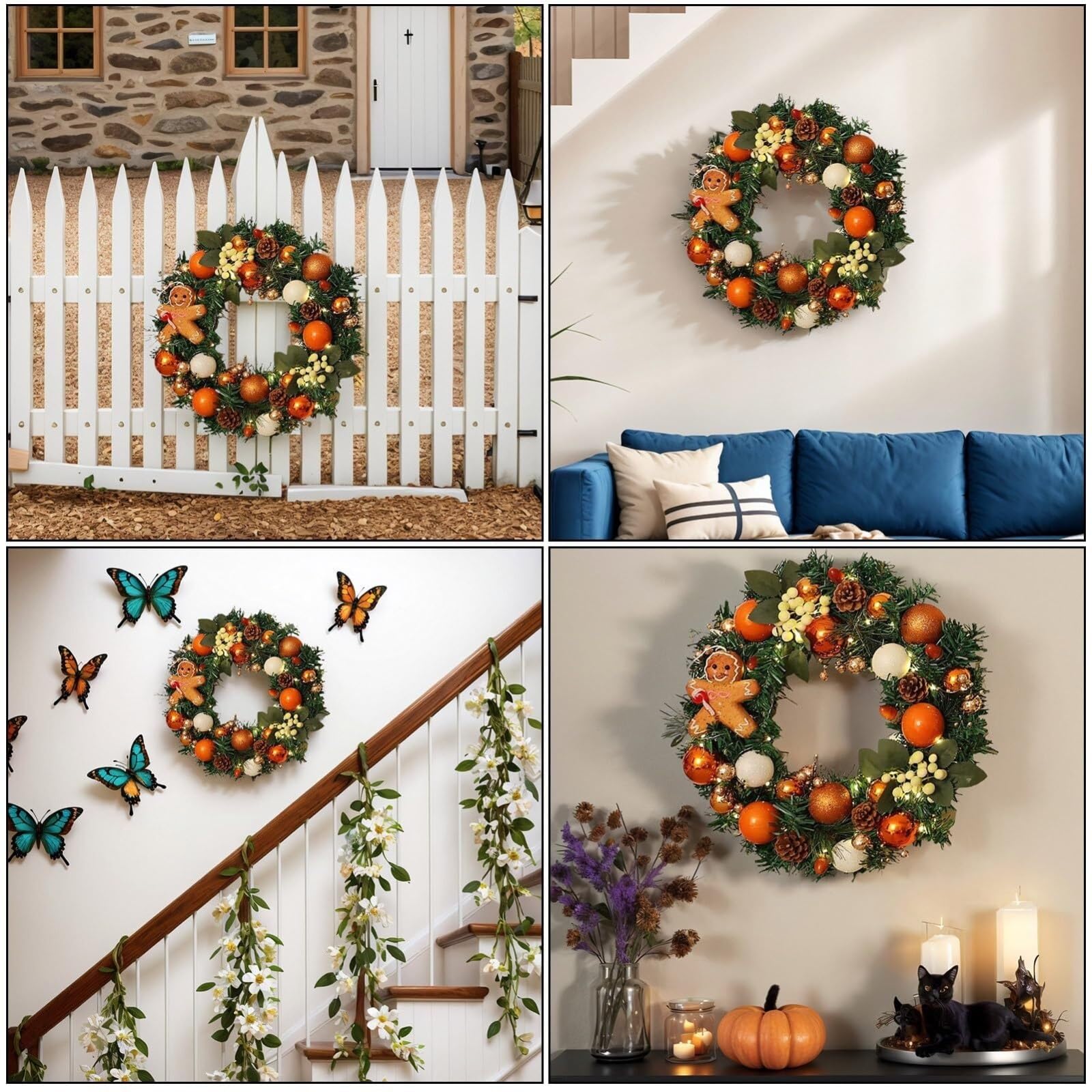 Dekoriert Weihnachtskranz mit Lichtern, extra groß, 39,9 cm, for die Wandbehang an der Haustür, Winterkranz, Girlande, Ornament for Haustür und Fenster Exquisit