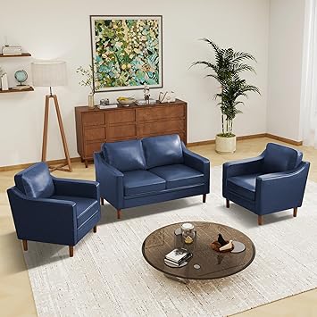 Royal Blue Mid Century Modern Sofa Set with Solid Wood Frame for Living Room
