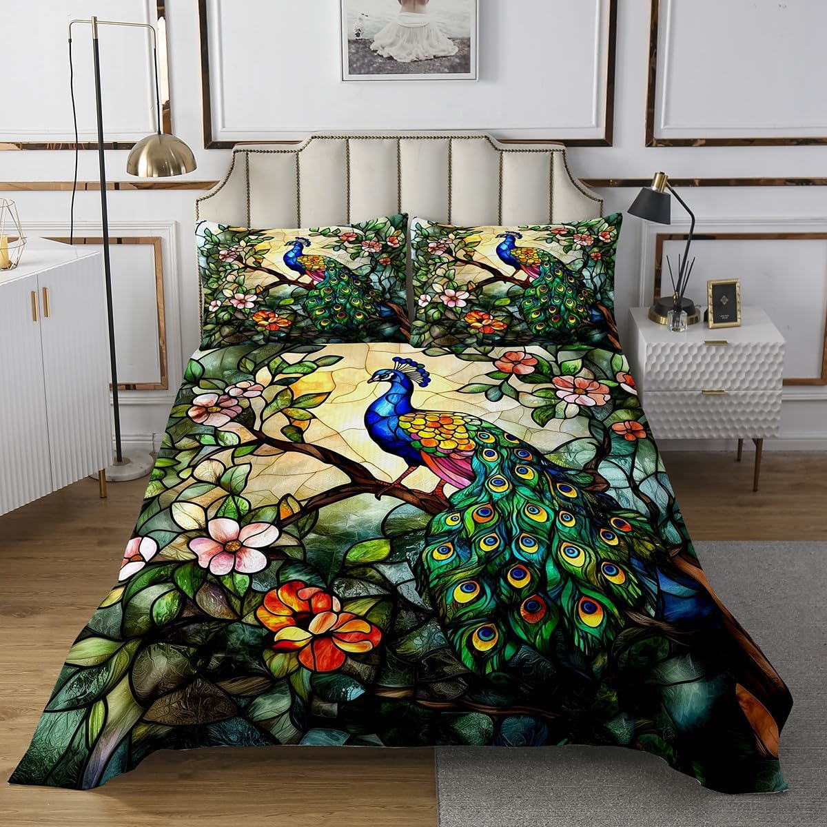 Homewish Wild Peacock Bedspread Queen Size,Abstract Flower Quilt Sets 3Pcs for Kids Teens Youth Room Decor,Boho Luxurious Bedding Sets Wild Animal Botanical Down Comforter,2 Pillowcases