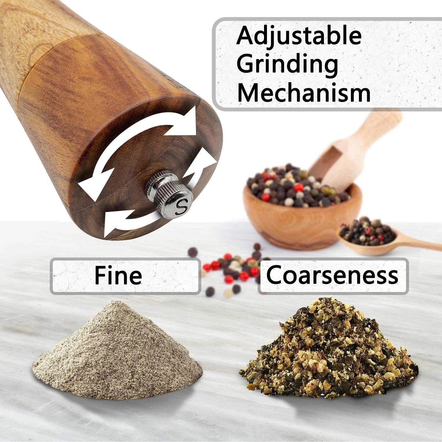 Pfeffer Salz Mühlenset, Salz Pfeffer Mühle Pfeffermühlen aus Holz, edle Verarbeitung, Salz- und Pfeffermühle, Gewürzmühle im Set mit Keramikmahlwerk, Reinigungsbürste(10 inch 2 Pieces)