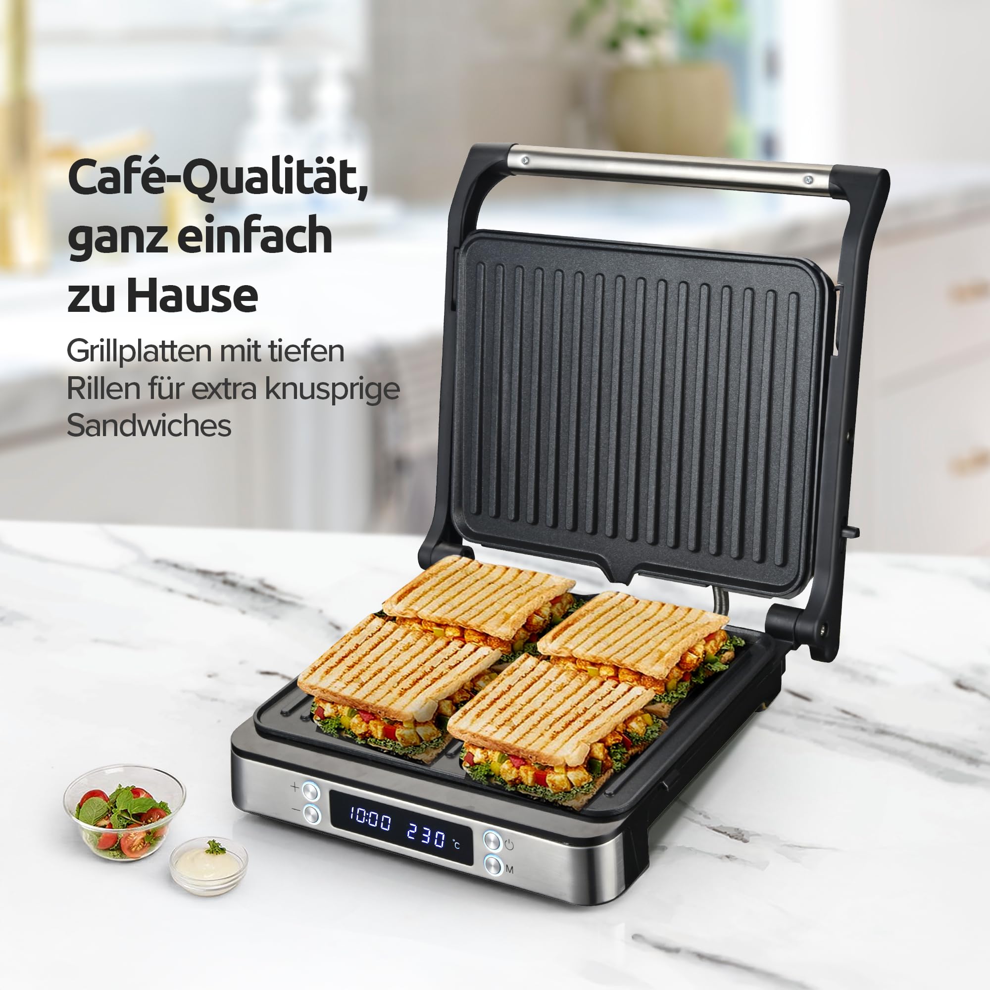 Olvy Sandwichmaker XXL Digitaler Kontaktgrill 3-in-1 Panini Maker 180° offener Grill einstellbare Temperatur Timer