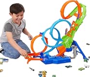 Track Set with 4 Loops&comma; 3-Way Crash Zone & Motorized Booster&comma; Folds for Storage&comma; with 1&colon;64 Scale Toy Car