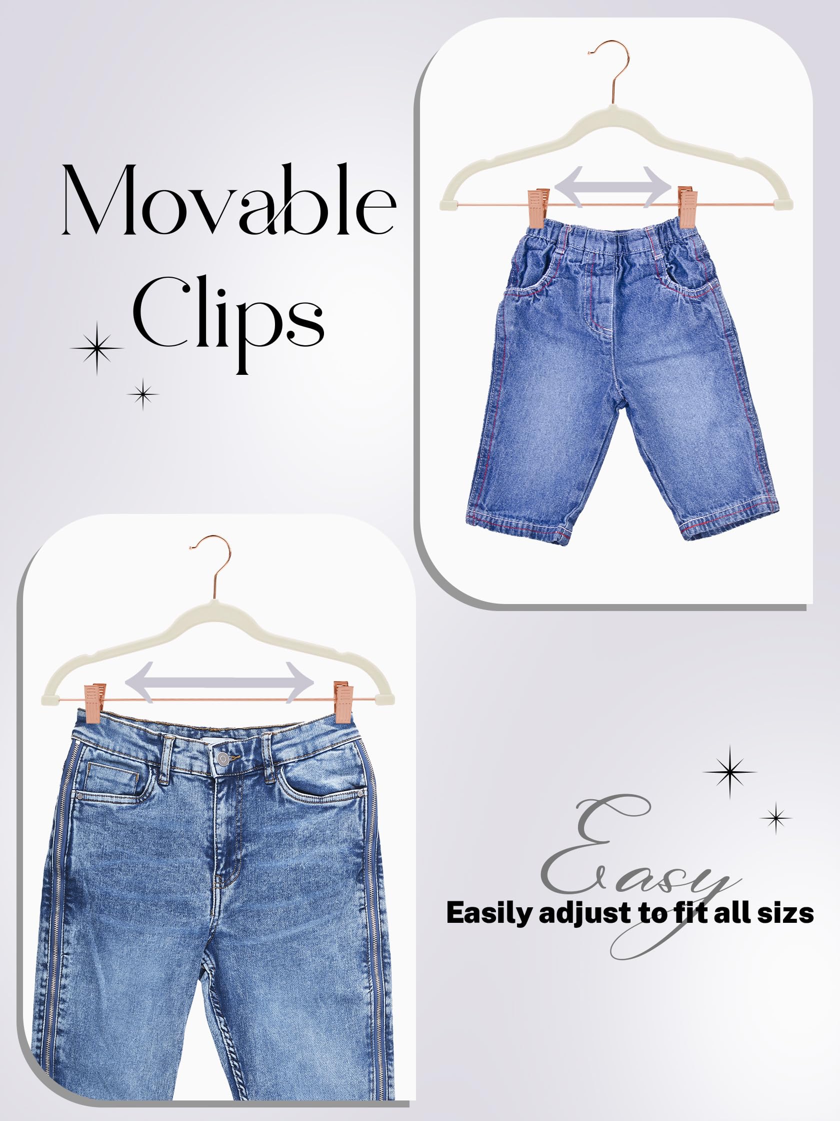 HOUSE DAY Paquete de 24 perchas de terciopelo antideslizantes con clips de oro rosa, perchas delgadas de terciopelo con clips, ganchos de terciopelo para jeans, pantalones, vestidos, abrigos (marfil)