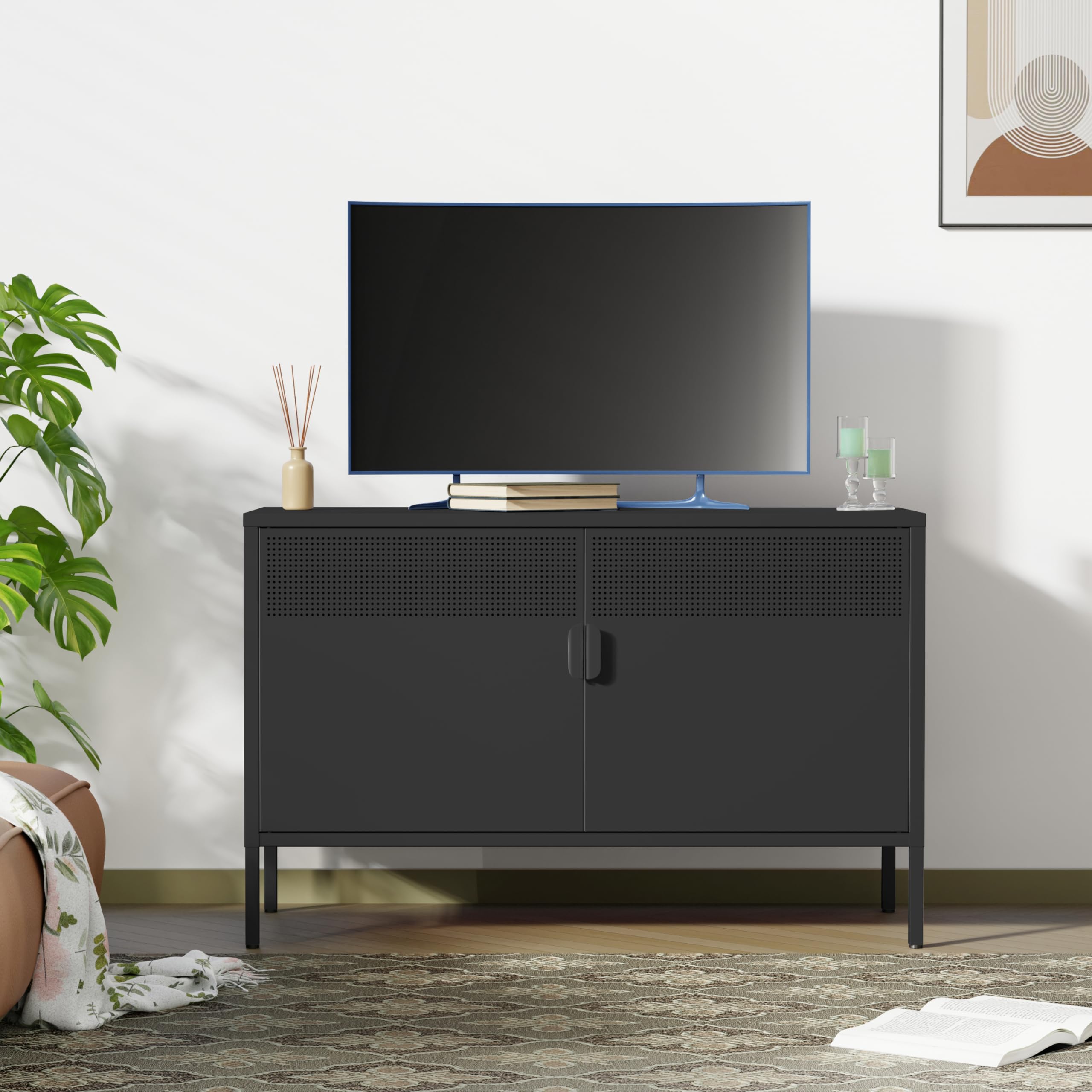 Metall Kommode 100 cm Breit, Aufbewahrungsschrank Sideboard mit 2 Mesh Türen, Metallschrank in Schwarz, Mehrzweckschrank mit flexiblen Einlegeböden, Aktenschrank & Büroschrank für zu Hause und Büro
