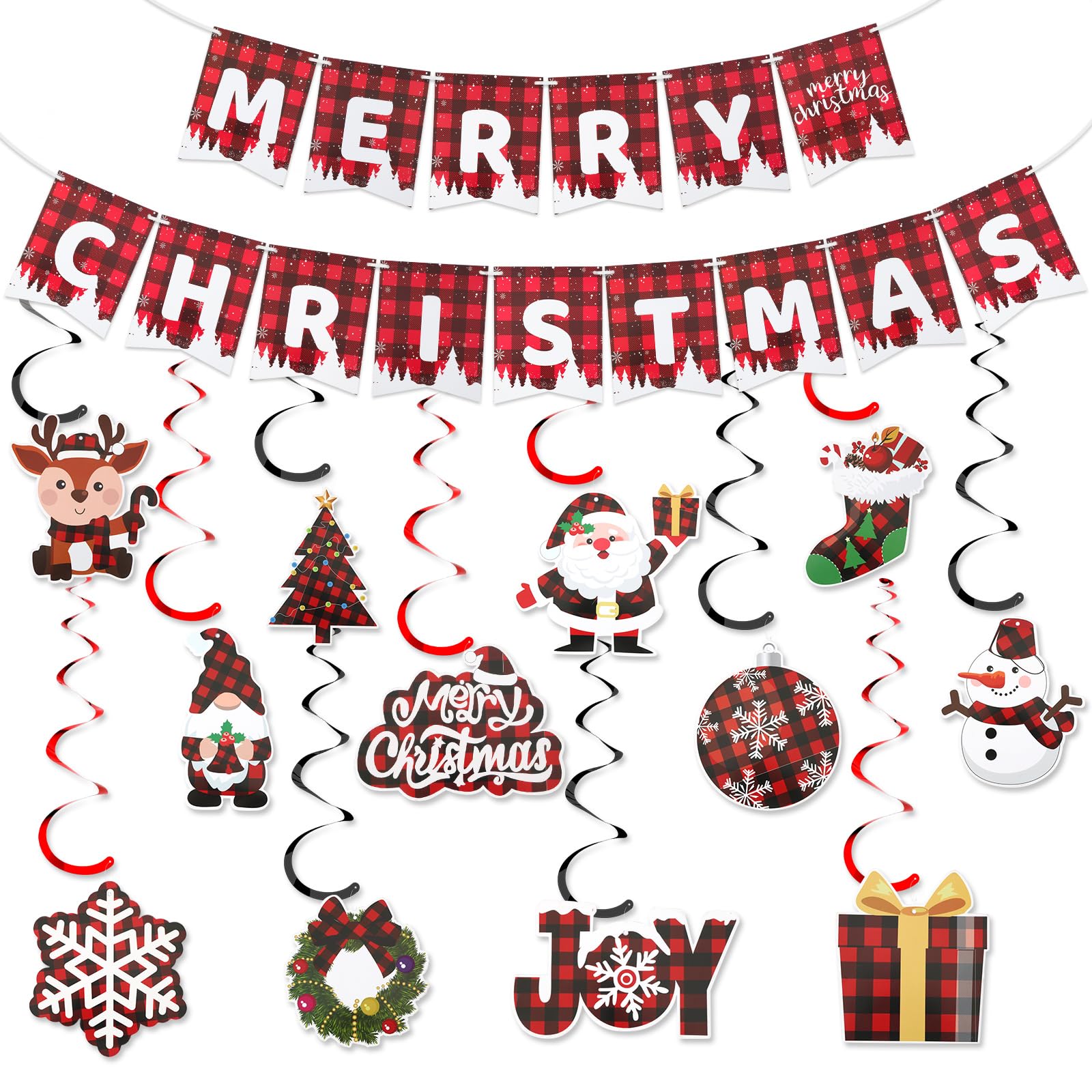 MARFOREVER Christmas Hanging Swirl Decorations, Buffalo Plaid Merry Christmas Banner Christmas Ceiling Foil Streamers Xmas Hanging Decoration for Christmas Holiday Party Office Indoor Wall Decor