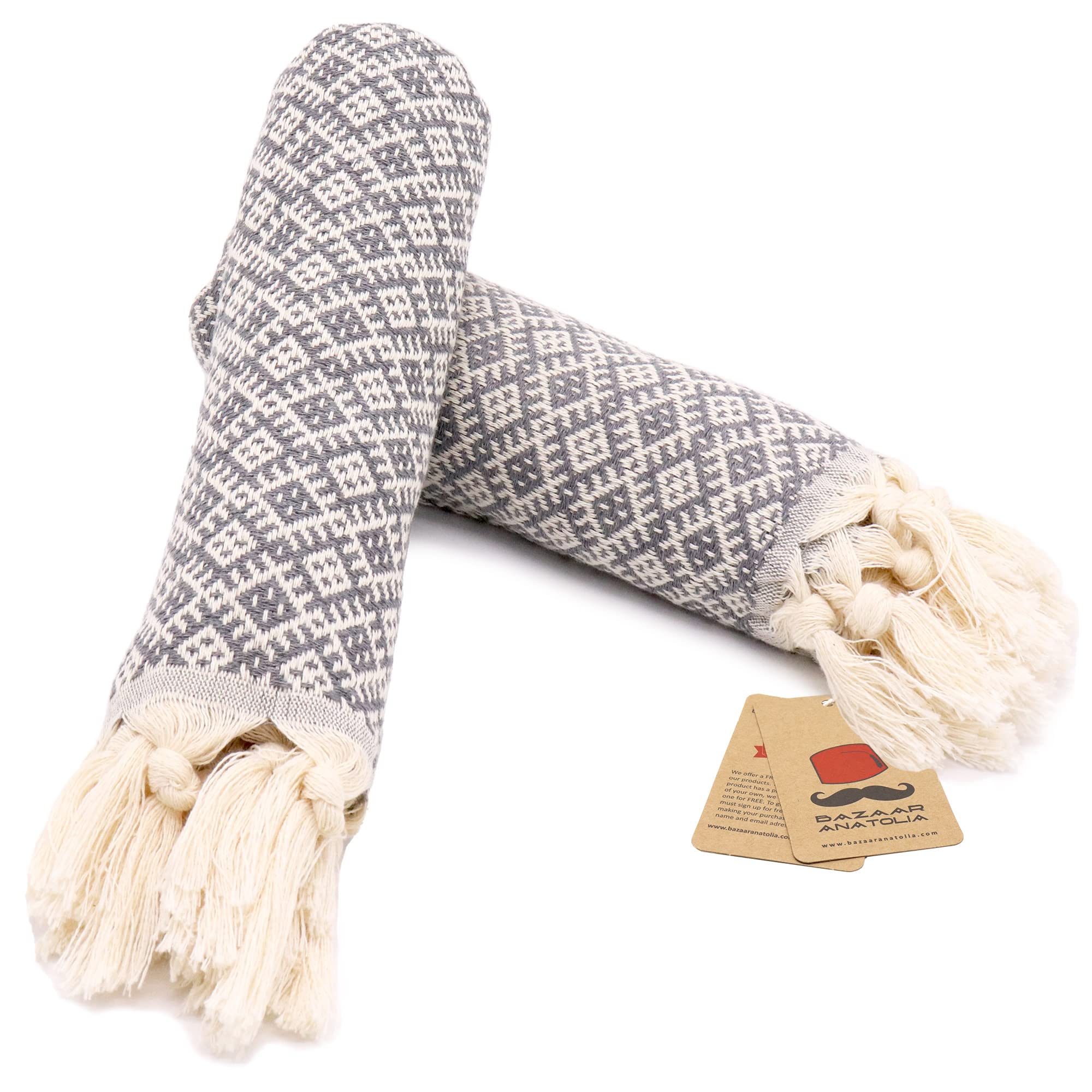 Bazaar AnatoliaTurkish Hand Towels with Hanging Loop Set of 2 Decorative Towels for Bathroom 100% Cotton Boho Farmhouse Decor Kitchen Bath 39x19 with Fringe Ethnic- Grey