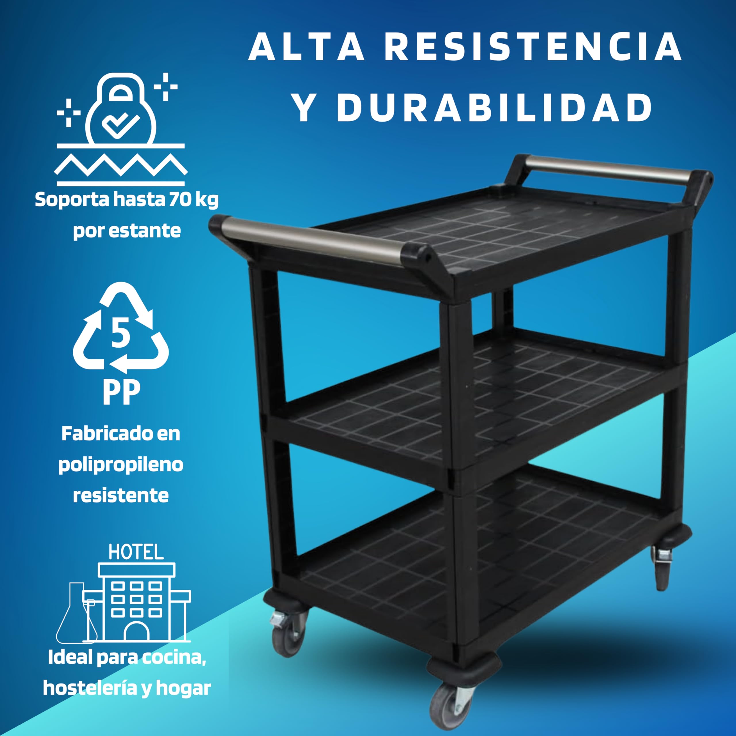 Carro De Servicio De 3 Niveles - Carrito Auxiliar Con Ruedas Para Cocina, Hostelería Y Hogar - Capacidad De Carga De 70 Kg Por Estante, Fácil Limpieza, Montaje Rápido, Material Resistente De Polipropi