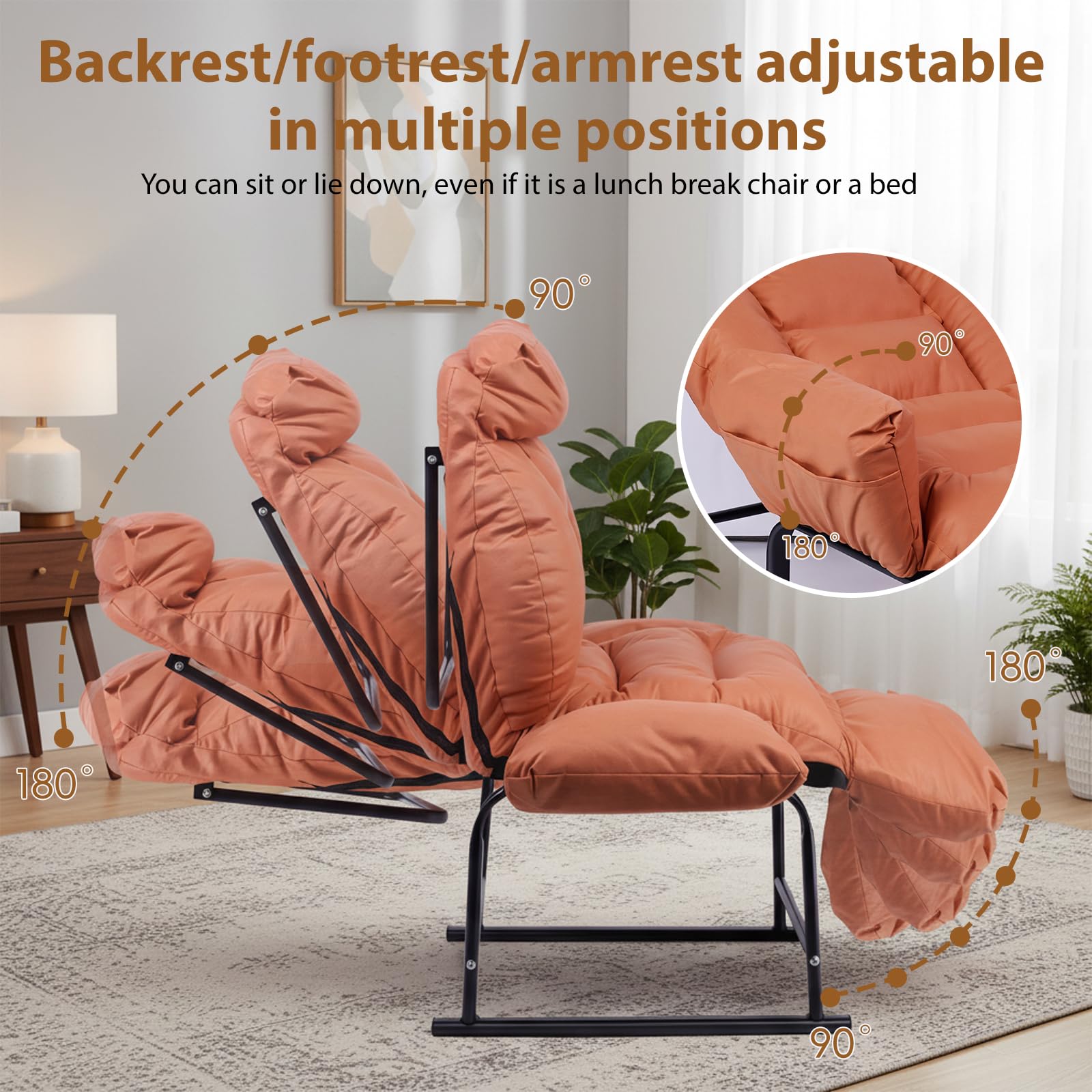 Fauteuil Relax, Dossier Inclinable 90°-180°, Cadre en Métal, Jusqu’à 150kg, pour Chambre d' Enfant Chambre à Coucher Salon Balcon,Orange