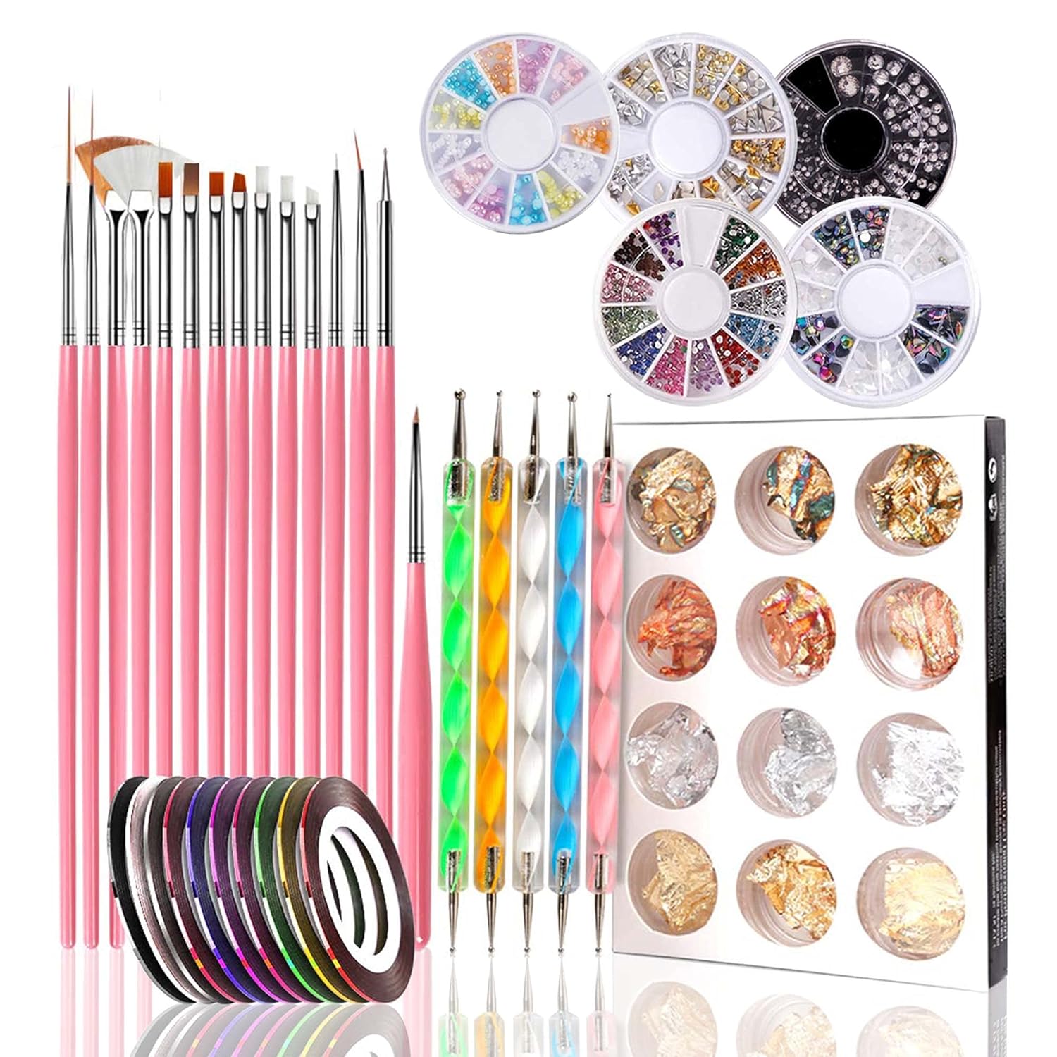 Nail Art Pens Nail Kit 47 Pcs, Dotting Foil 15 Pcs Nail Designer Kit Set, Designer Nail Foil, Paillette Decoration Manicure 5 Boxes Rhinestones Tape Color for Nails : Beauty & Personal Care