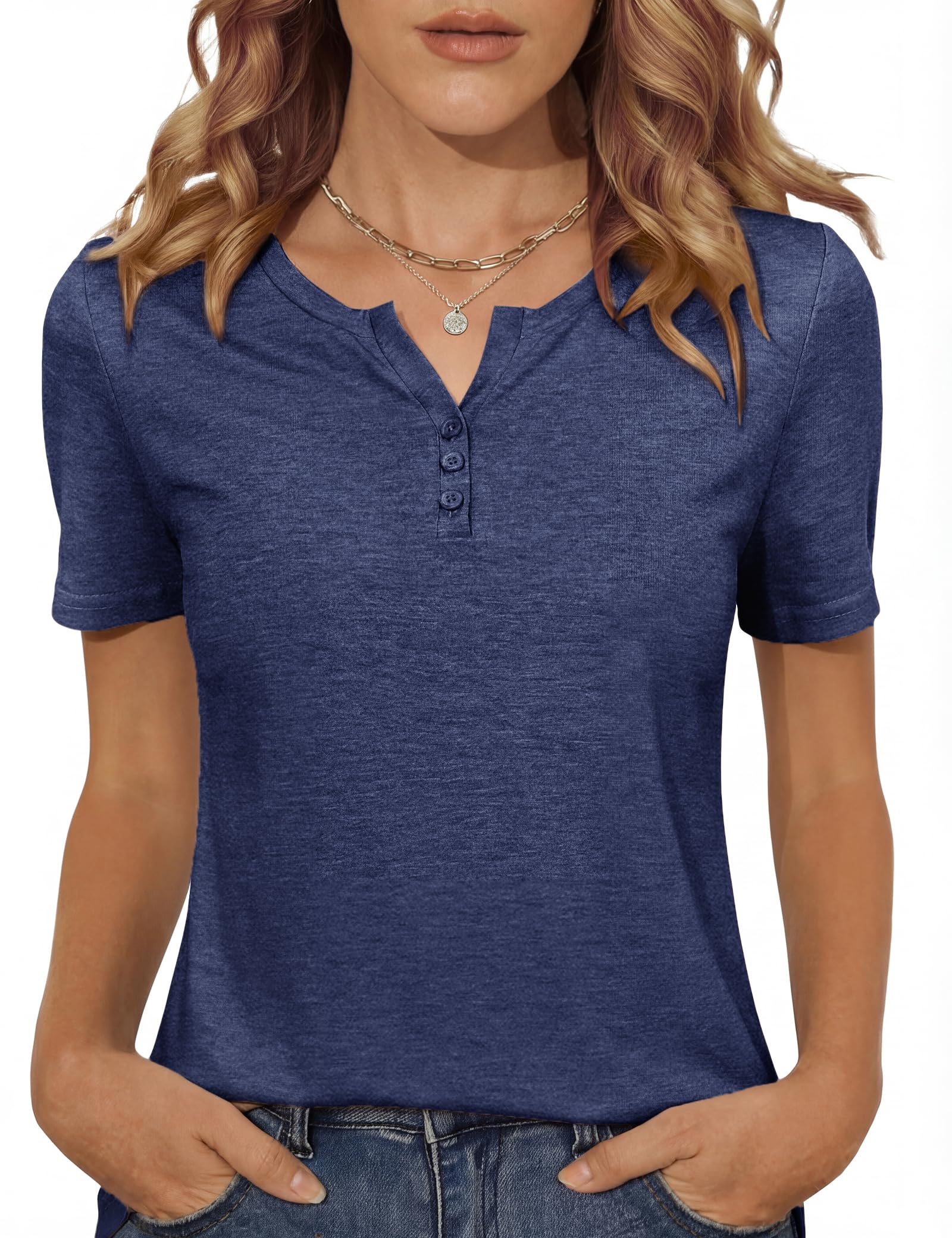 Totatuit Damen T-Shirt Kurzarm Sommer Henley mit Knopfleiste Basic Shirt V-Ausschnitt Einfarbig Oberteil Casual