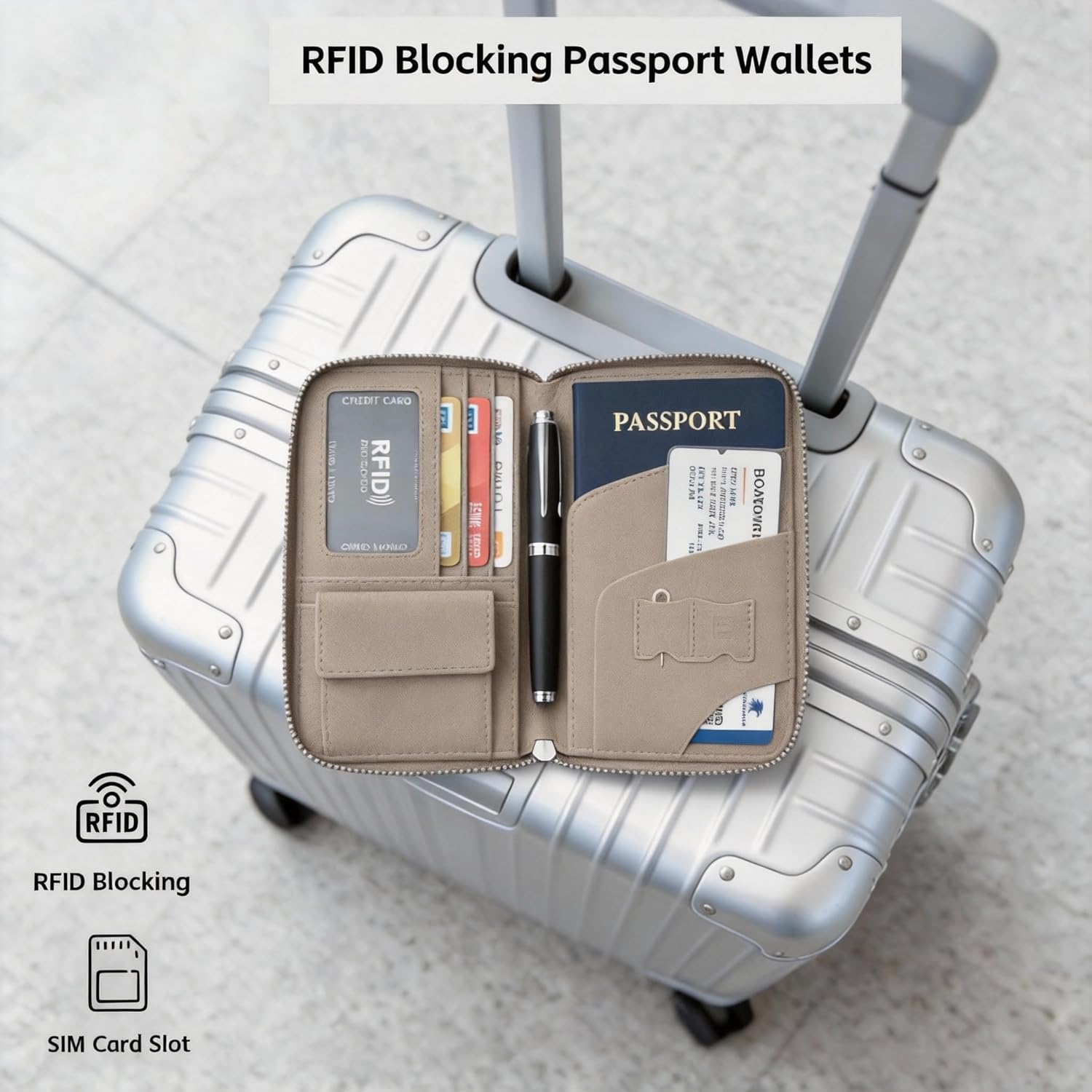 Rfid Blocking Passports Holder Travel Zipper Wallet Cowhide Passport Wallets Multi-Function With Card Holders Sim Slots And Card Ejector Tool,Gift Luggage Tags(Ivory Ash)
