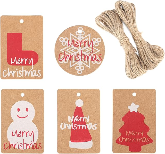 G2PLUS Merry Christmas Gift Tags -5x7.5CM Kraft Paper Tags - Xmas Brown Presents Lables with 20M String for Christmas Gift Wedding Favour Decorate