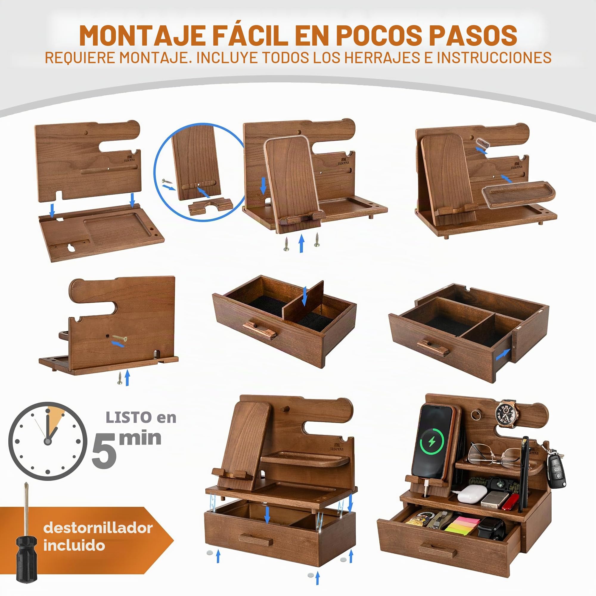 TESLYAR Estación de Acoplamiento de Madera para Teléfono con Cajón Organizador de Escritorio para Marido Regalos de Cumpleaños para Hombres Papá Regalo Padre Dia del Padre Regalos