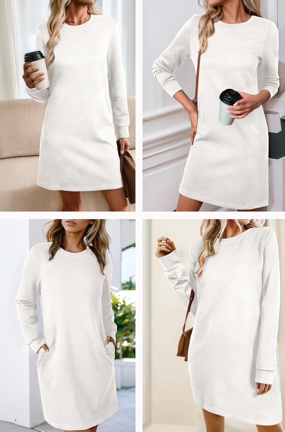 BLENCOT Womens Casual Pullover Sweatshirt Dress Crewneck Long Sleeve Trendy Fall Textured Solid Mini Dresses with Pockets - Image 2