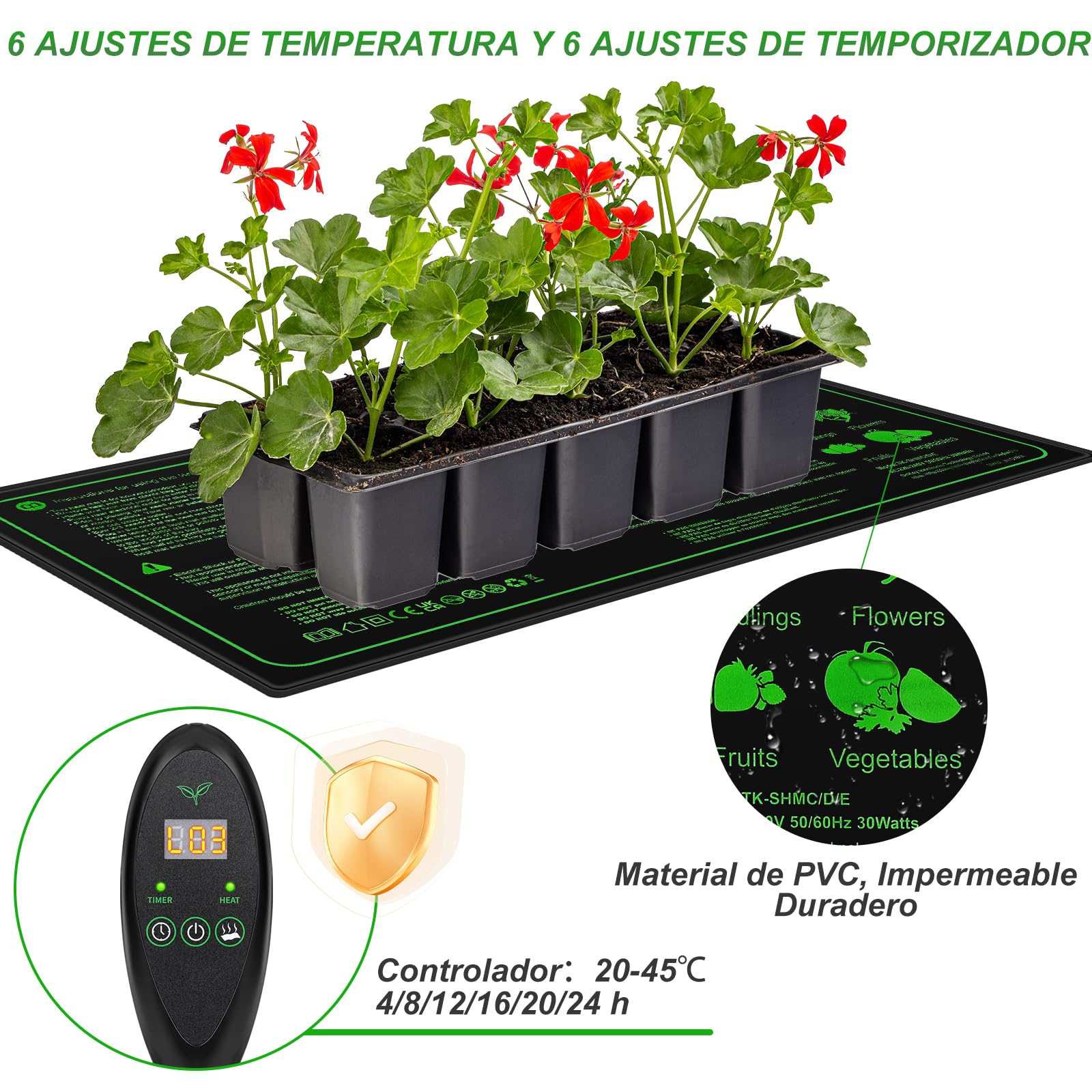 Tappeto Riscaldante, Tappetino Riscaldante con Termostato, Tappeto Riscaldante Impermeabile e Durevole Temperatura Regolabile, per la germinazione dei Semi, 20 x 10 in 30 W