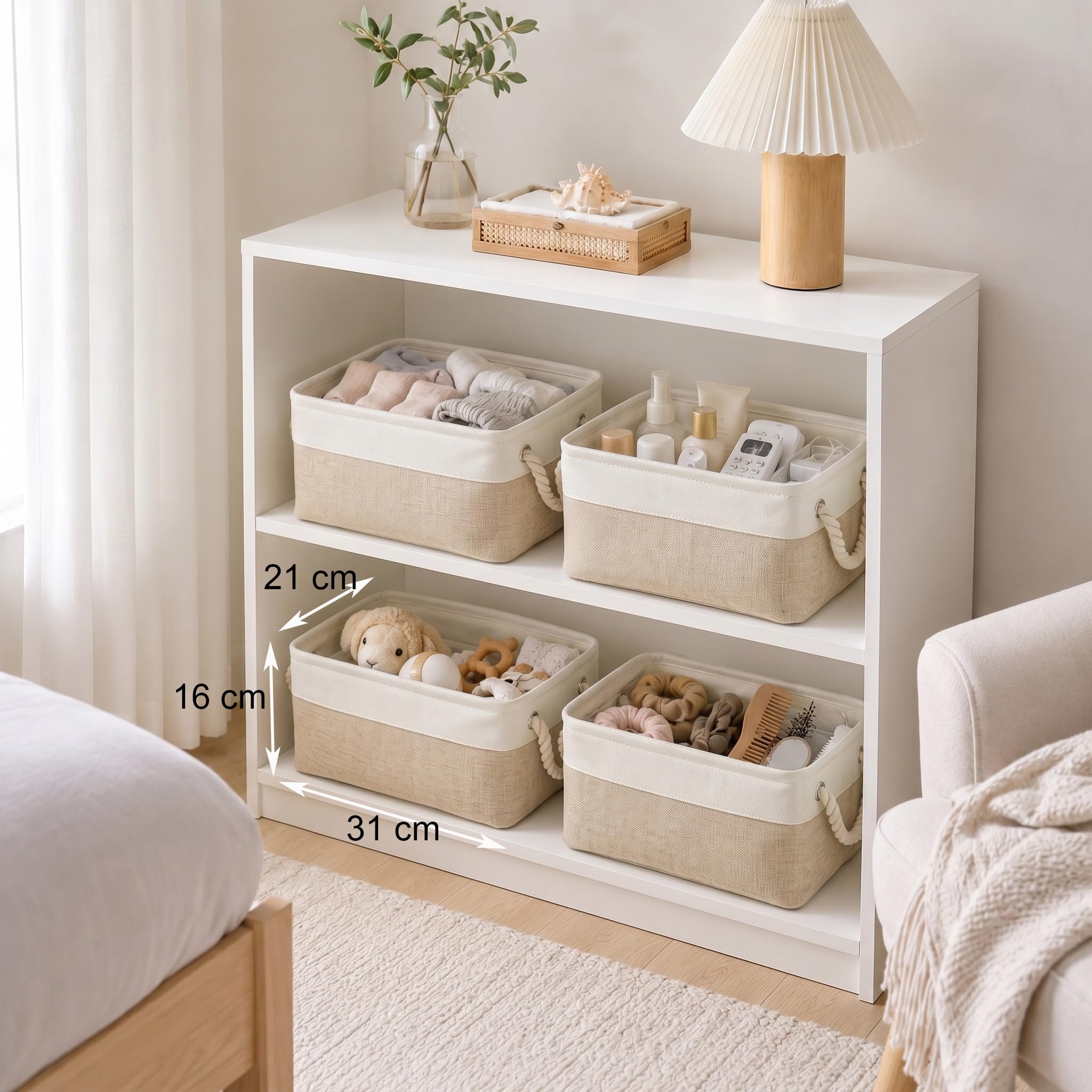 Mangata Caja de Almacenamiento Ropa, cestas de almacenaje Tela, Plegable Cajas organizadoras para Juguetes, armarios (Pequeña, Caqui Blanco)