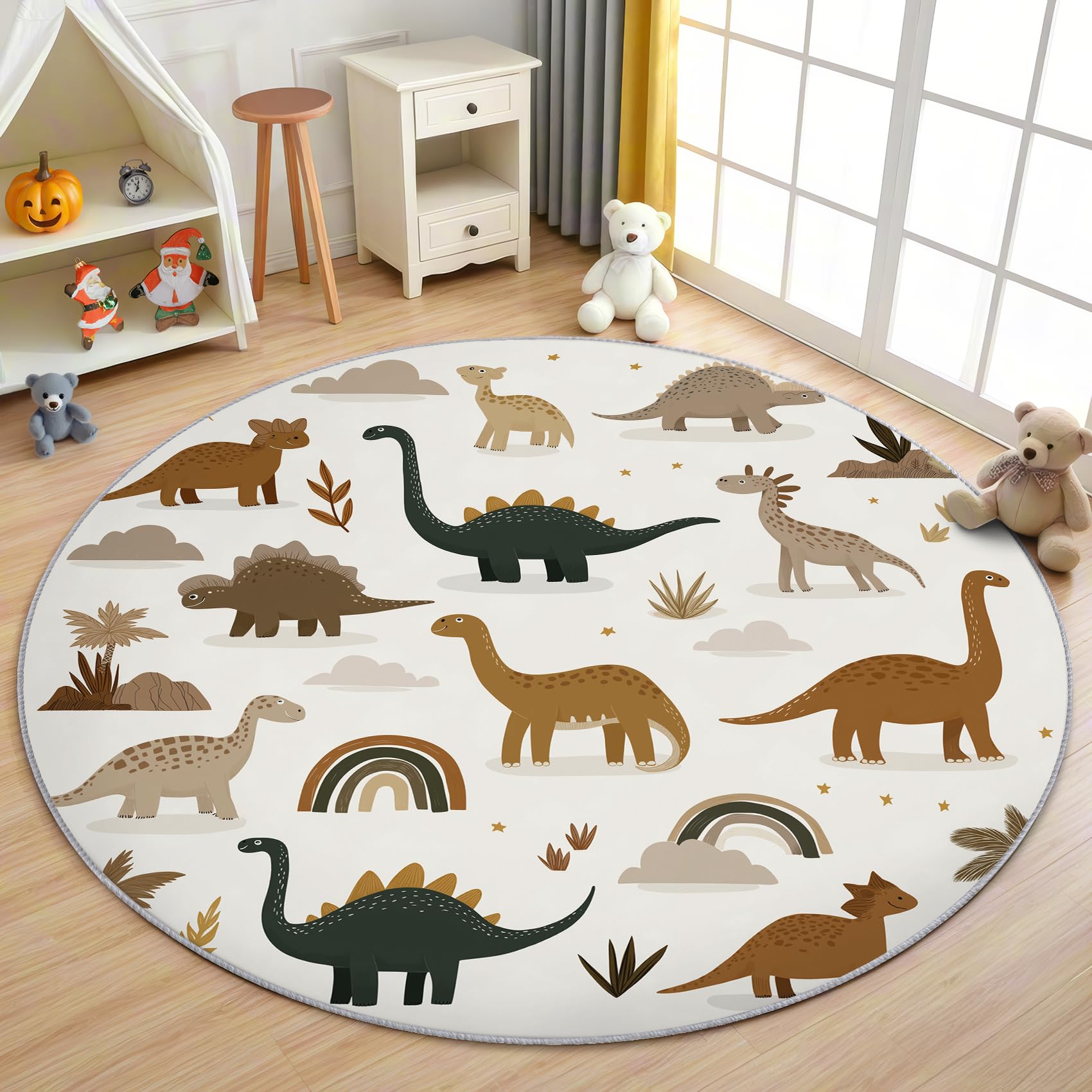 Dinosaurier Kinder Teppich Rund 120cm Kurzflor - Waschbare Teppiche Wohnzimmer Niedlich Cartoon Dino - Runder Teppich 120 Durchmesser Kinderzimmer - Bettvorleger Schlafzimmer rutschfest