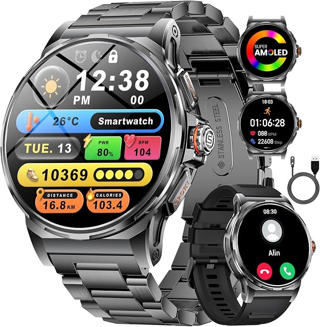 Military Smart Watch for Men, 1.43" AMOLED Smartwatch with Bluetooth Calling/AI Voice Assistant,100+ Sports Modes,Health Tracking/Sleep Monitor,400mAh Battery,Fitness Tracker Sports Watch Android/iOS