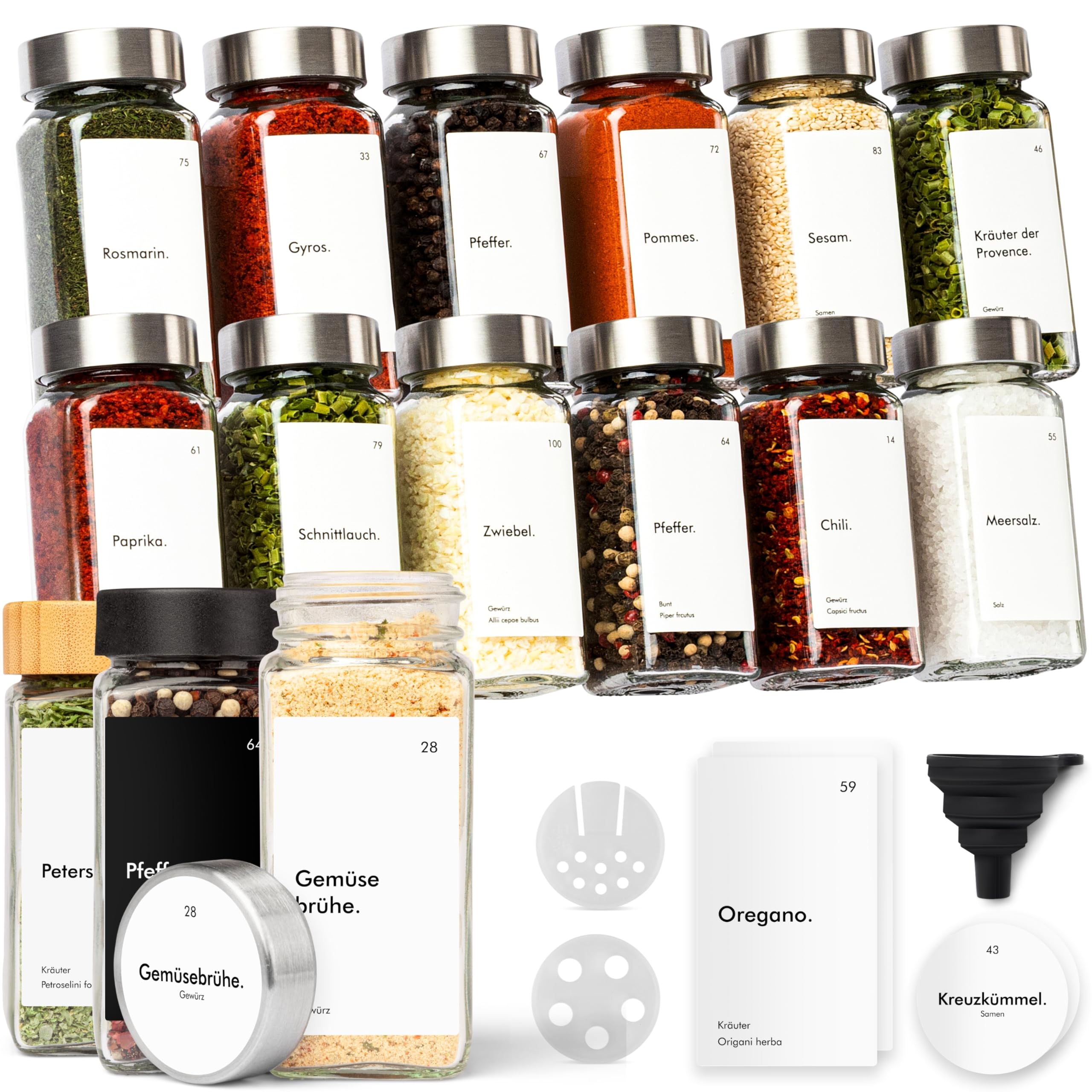 KIVY Gewürzgläser mit Streueinsatz [24x 120ml] + 240 Wasserfeste Label - Luftdichte Gewürzgläser eckig