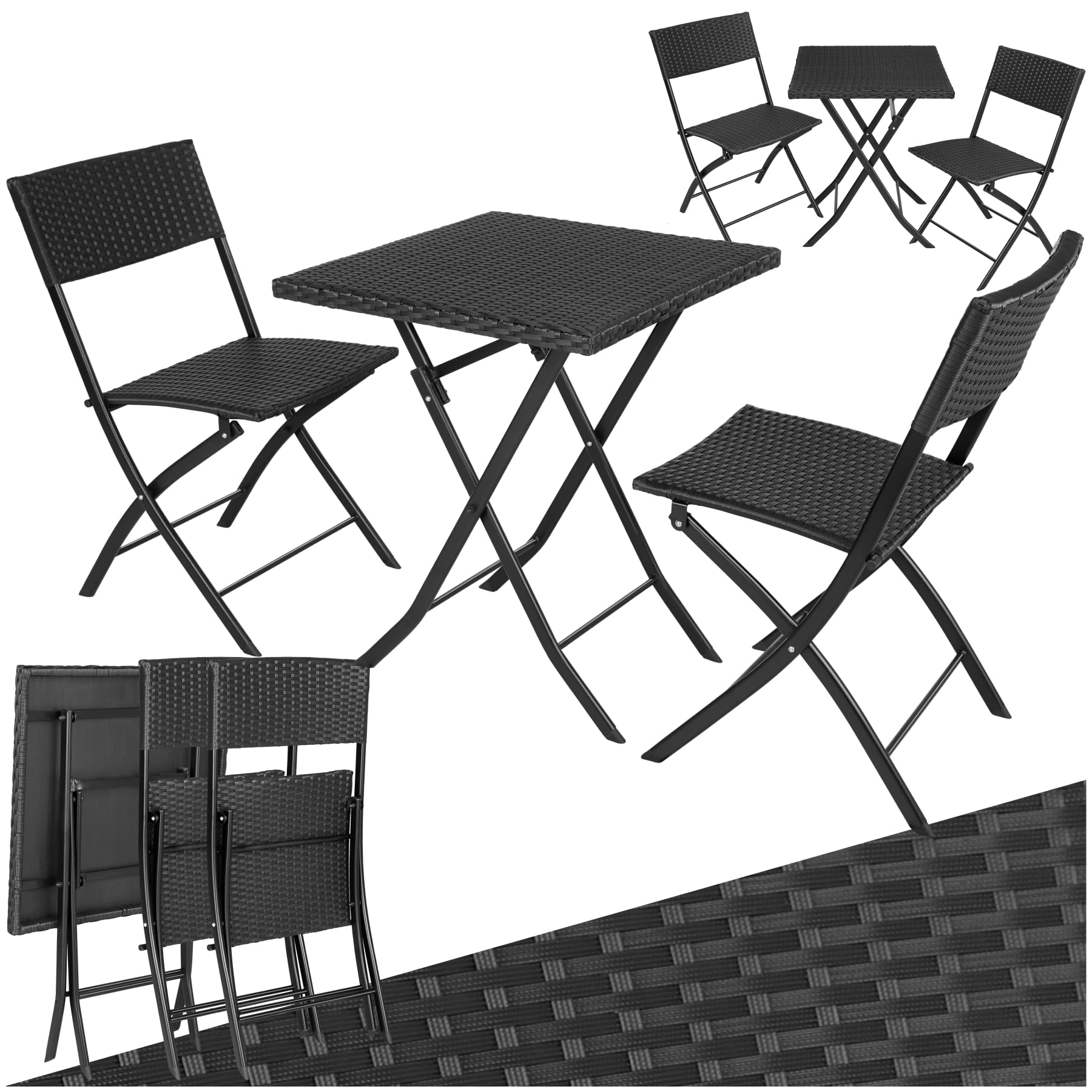 TecTake® Conjunto Jardín Exterior de Ratán y Acero para 2 Personas, Muebles Jardín Exterior Resistentes a Intemperie, 2 Sillas y 1 Mesa, con Topes de Plástico, Plegable, Ligero y Compacto - Negro