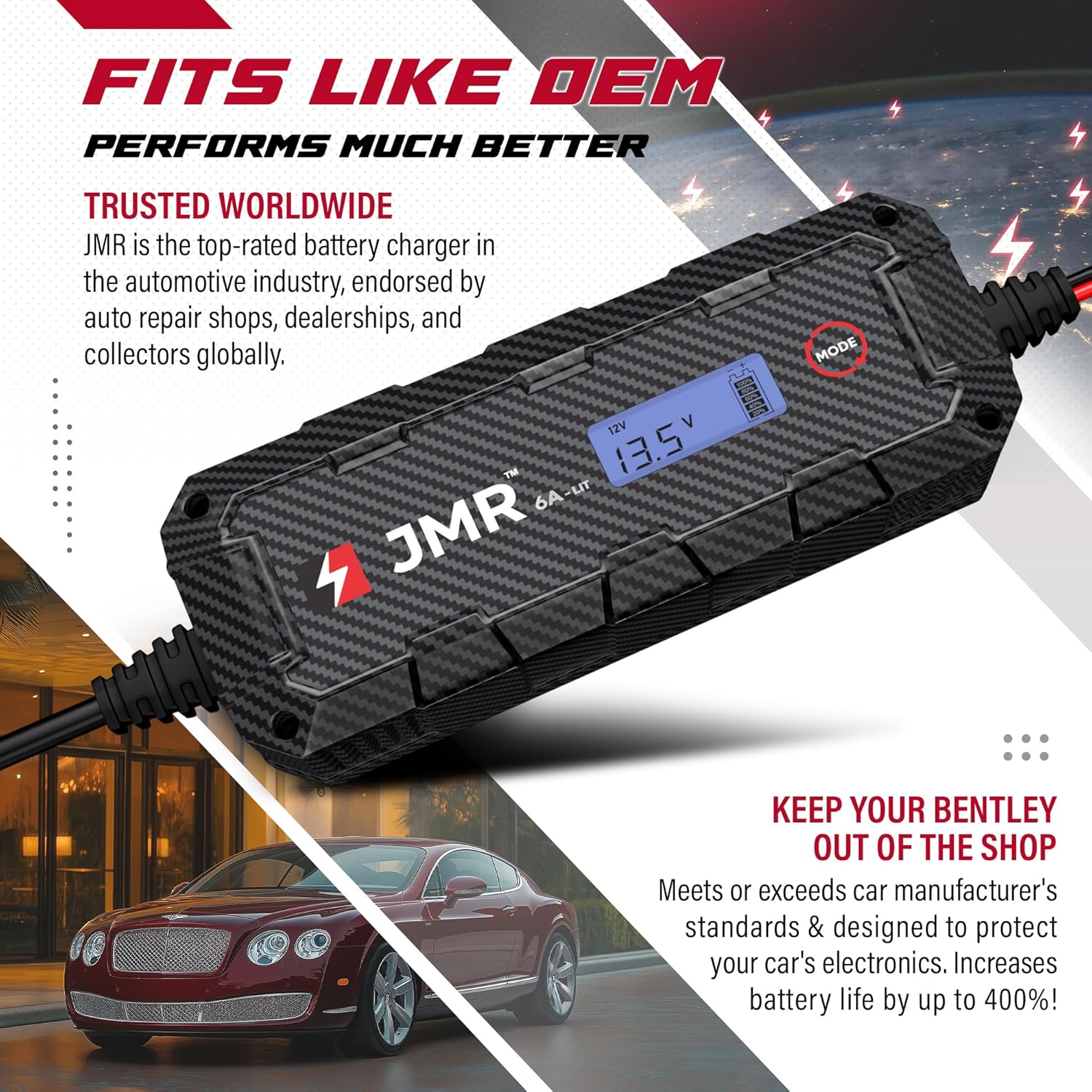 JMR Battery Charger for Bentley Continental GT Flying Spur Mulsanne Trickle Charger Conditioner Maintainer (3-Pin Port, Add Lithium Mode)