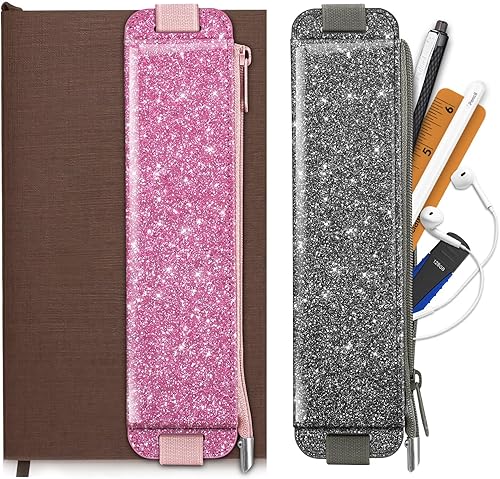 Vista 15 de FINPAC Paquete de 2 soportes elásticos para bolígrafos para cuaderno, soporte de cuero para bolígrafos, bolsa con cremallera para lápices