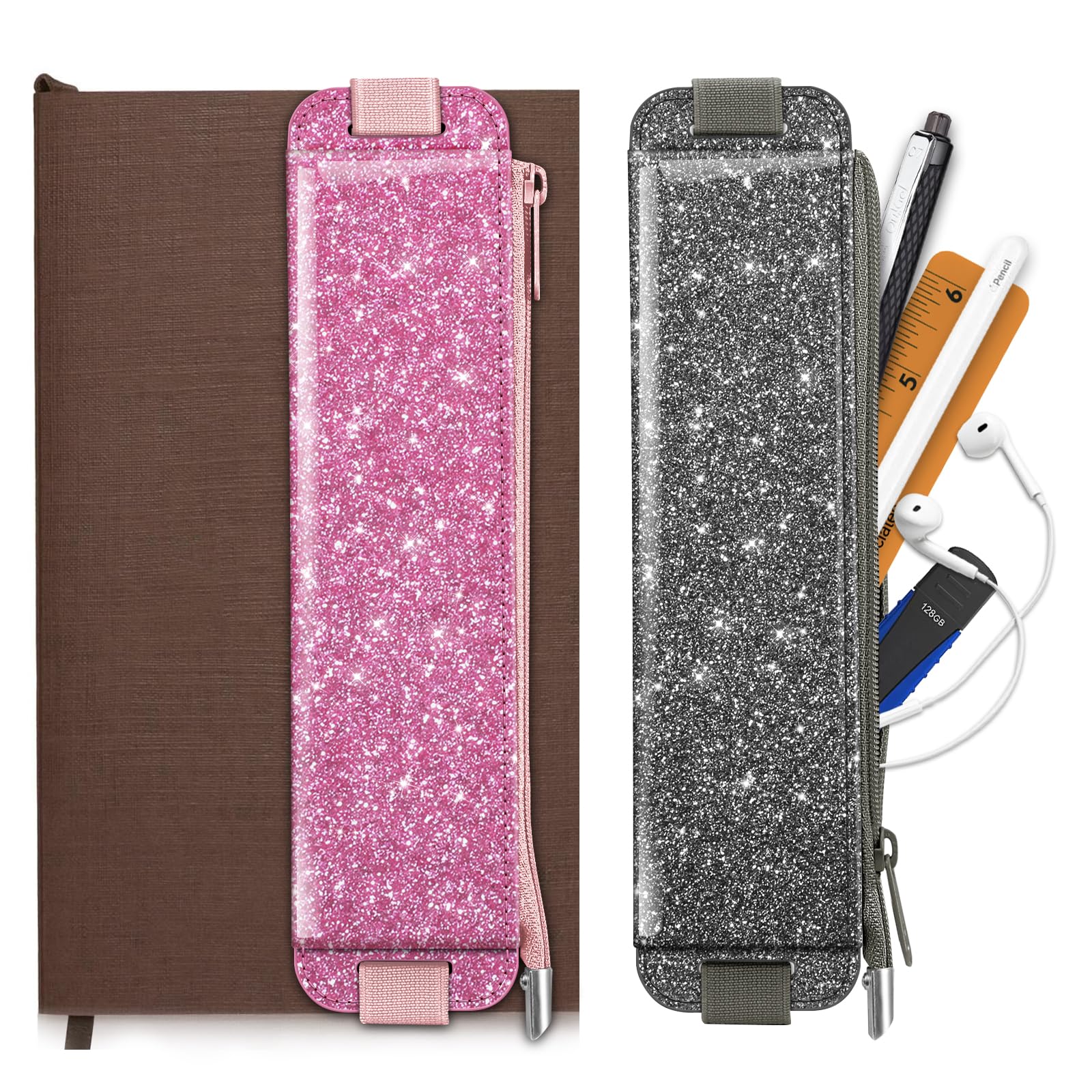 FINPAC 2-Pack Elastic Pen Holder for Notebook, Leather Pen Holder Stationery Zipper Bag for Pencils, Markers, Pen Pouch w/Elastic Band for Bible