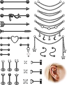 Surgical Steel Industrial Barbell Earrings with Chain for Women Dangle Cartilage Earring Studs Cartilage Helix Tragus Daith Industrial Piercing Jewelry Set