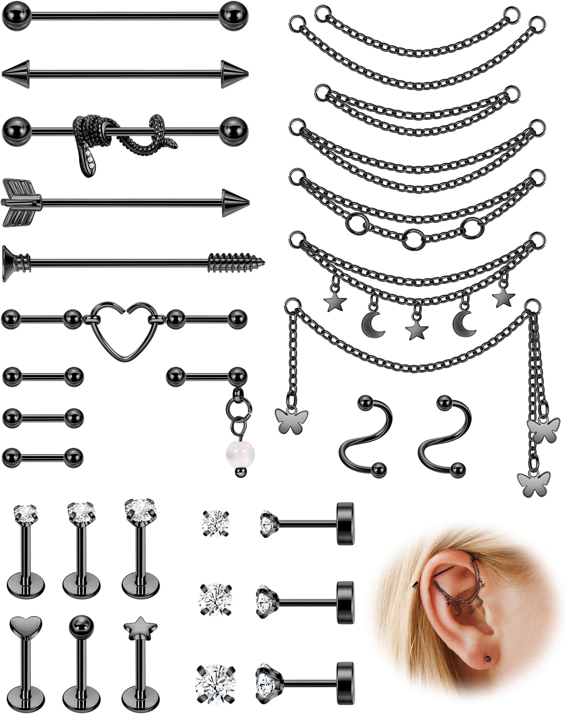 Surgical Steel Industrial Barbell Earrings with Chain for Women Dangle Cartilage Earring Studs Cartilage Helix Tragus Daith Industrial Piercing Jewelry Set