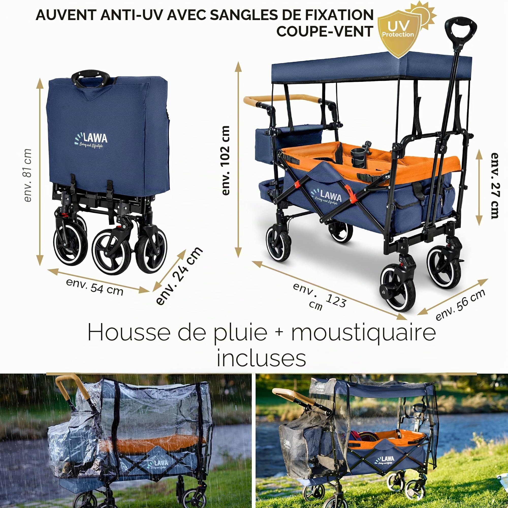 Chariot de Plage Pliable avec Toit Protection Contre la Pluie Protection Contre Les Insectes Extensible 80kg Chariot de Jardin Pliable Charrette de Camping pour Enfants Poussette pour Chien