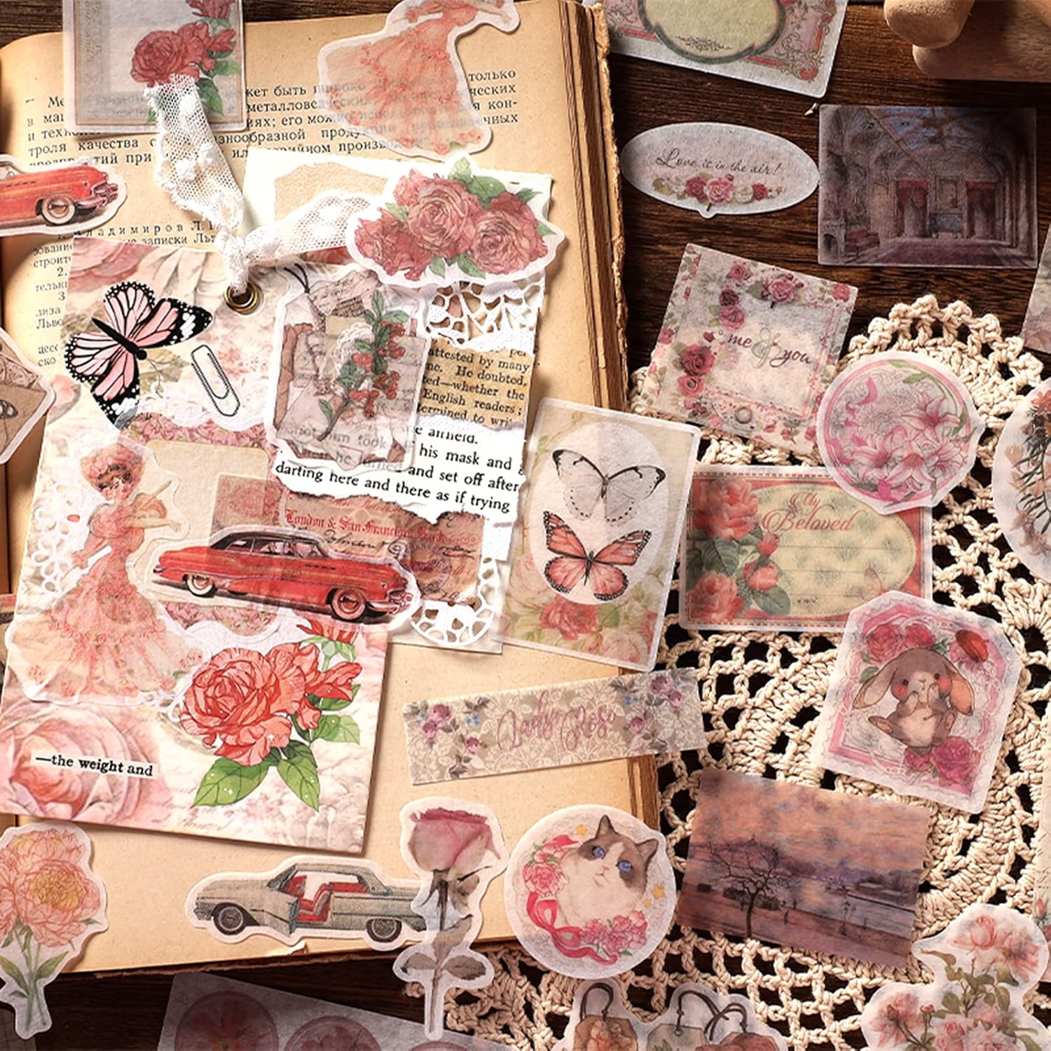 Aromoty Vintage Scrapbook Washi Stickers,100 Pcs Aesthetic Ephemera Scrapbooking Supplies Stationary Junk Journal for Bullet Journals,Daily Planner,DIY Craft Notebook,Cottagecore Decor Gifts image 3