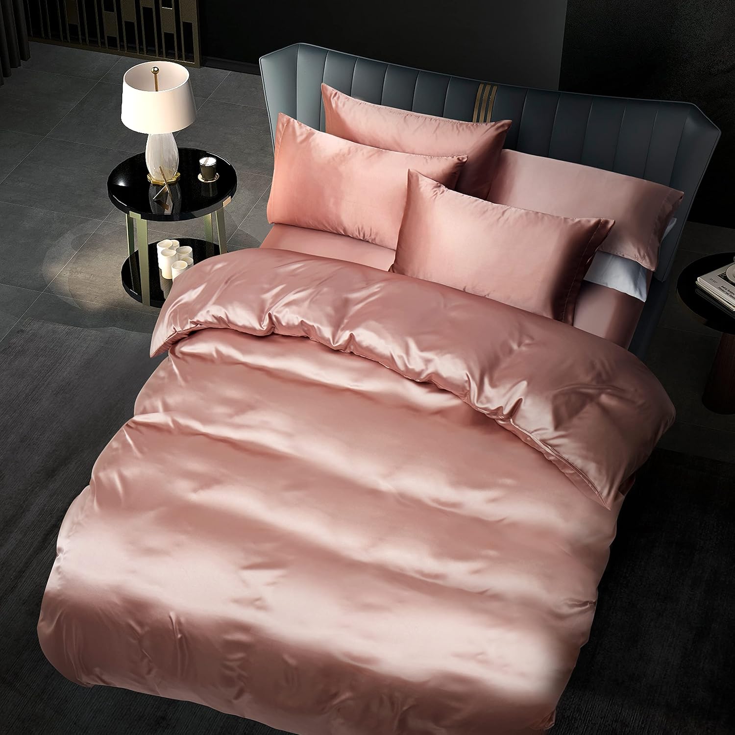 Manyshofu 6Pcs Rose Gold Duvet Cover Set Queen Size with Satin Fitted