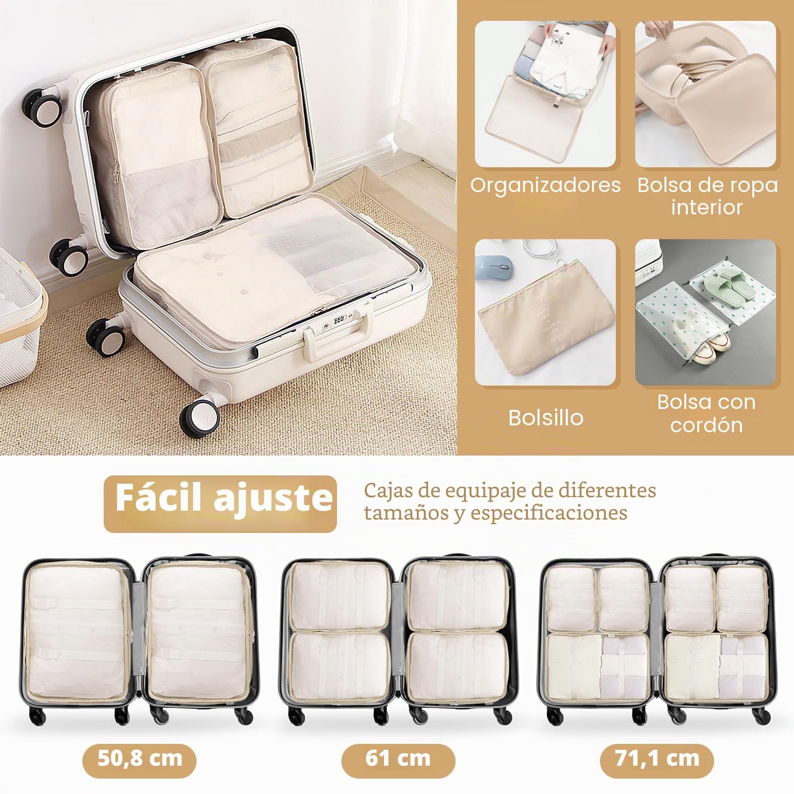 Organizador Maleta Viaje, 13 piezas Impermeable Bolsas Organizadoras Maleta, Multifunción Packing Cubes Bolsas Ropa Viaje, Organizador de Viaje con Bolsa Zapatos(Beige)