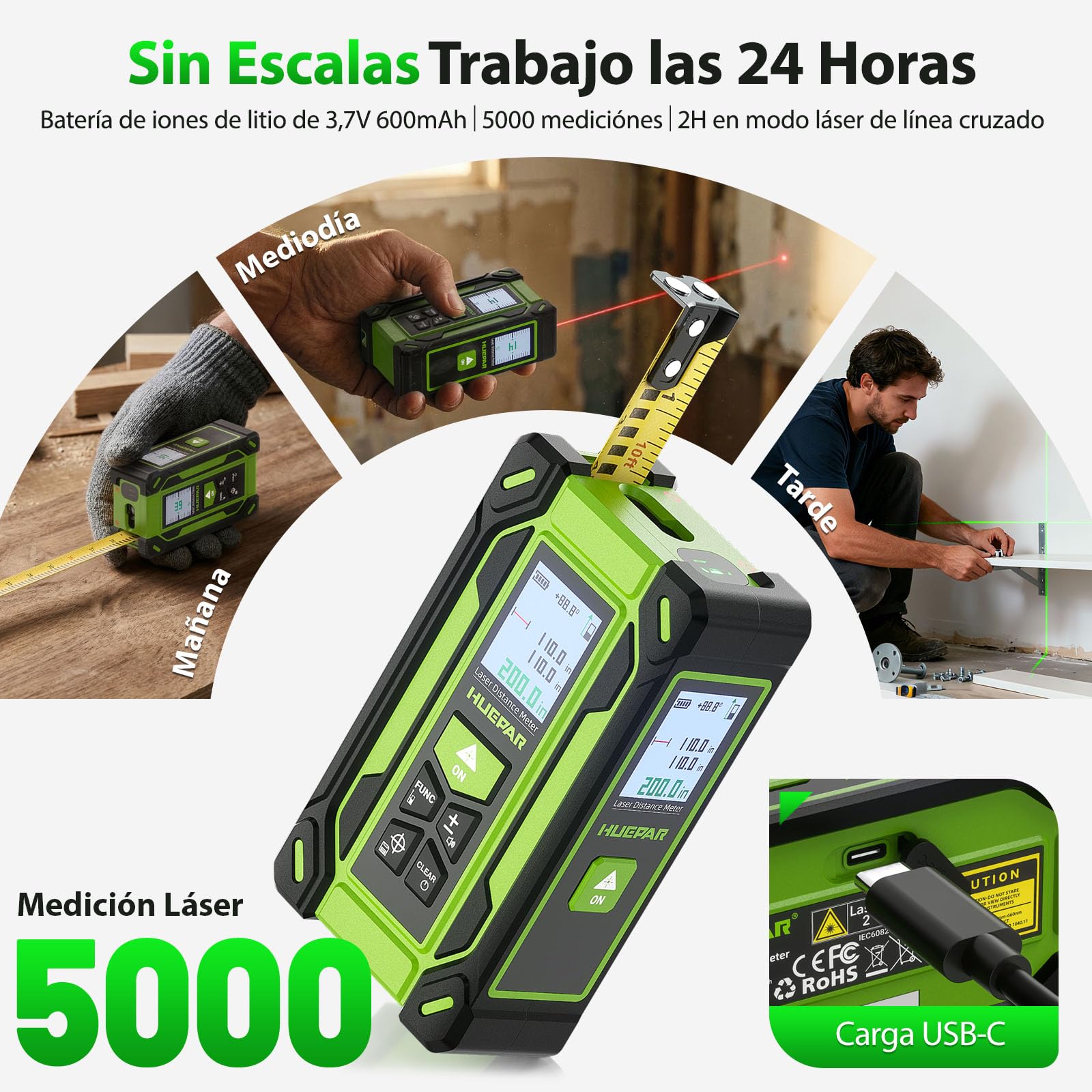 Huepar TLM60 Medidor Láser 4 en 1 con Cinta Métrica Digital y Nivel Láser Verde, Distancia hasta 60m, 9 Modos de Medición, Pantalla Doble LCD, Memoria 100 Datos, Alta Precisión para Construcción y DIY