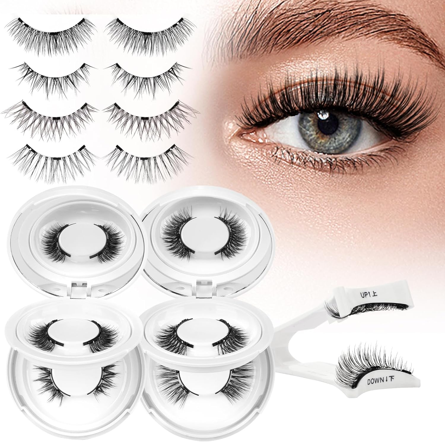Higu clace Magnetic Eyelashes, Magnetic Lashes with Applicator Natural Look Reusable Eyelashes Wispy 3D Eyelashes, No Glue Needed 3 Magnets Lashes Easy to Wear and Remove (4Pair-Style A08)