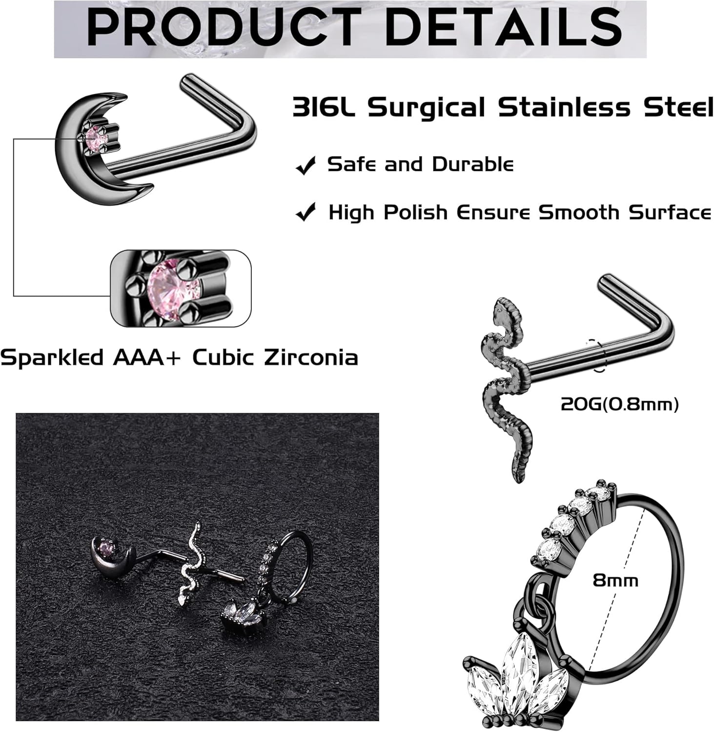 Diamday 20G Nose Rings Studs Dangle Nose Rings Hoops for Women Surgical