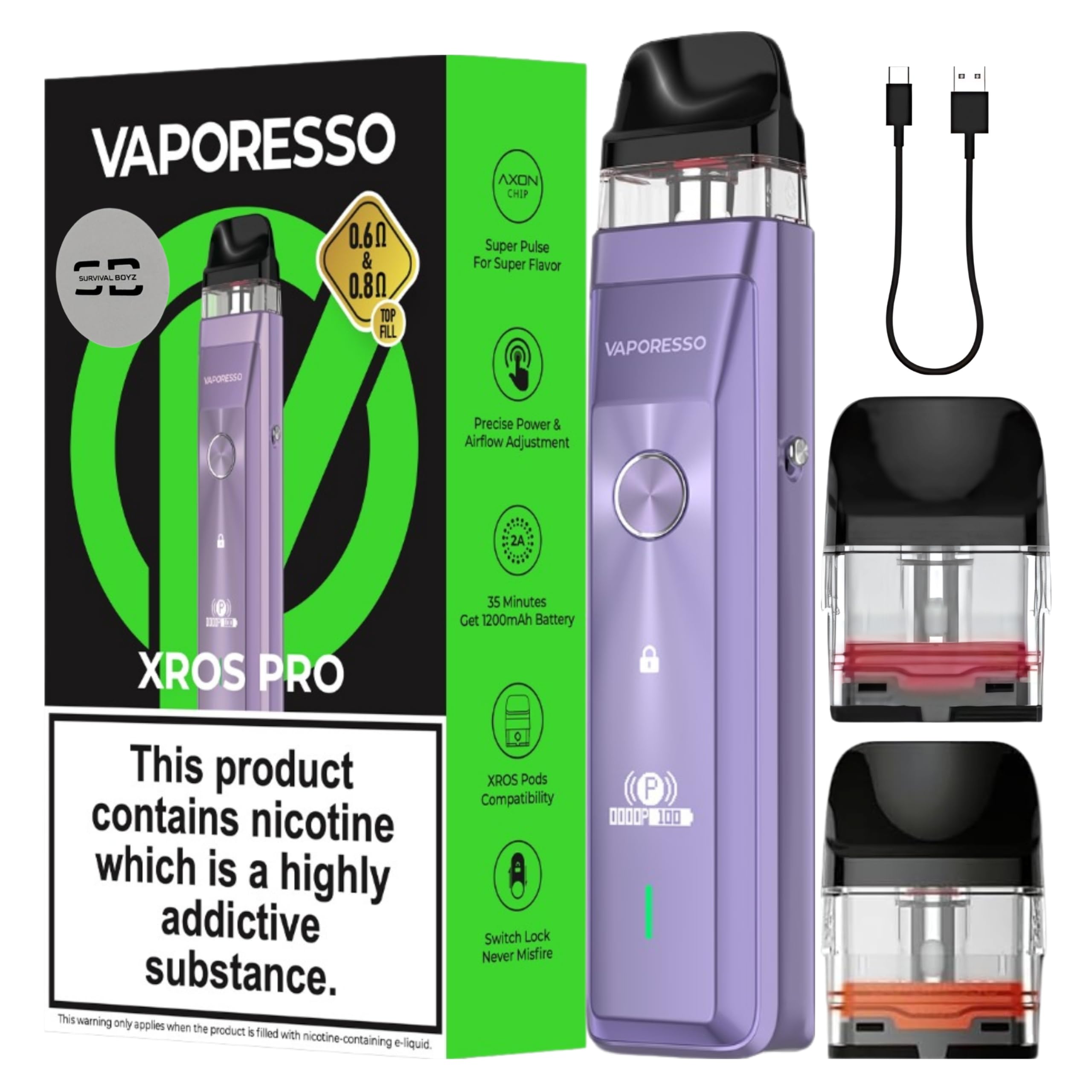 Vaporesso Xros Pro Pod Vape Kit [Purple] - Available in 9 Colours - 1200mAh  Battery, 2A Fast Charging (