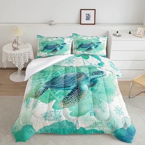 CVHOUSE Juego de ropa de cama de tortuga marina, edredón bohemio para niños y niñas, juego de edredón con 1 edredón y 2 fundas de almohada