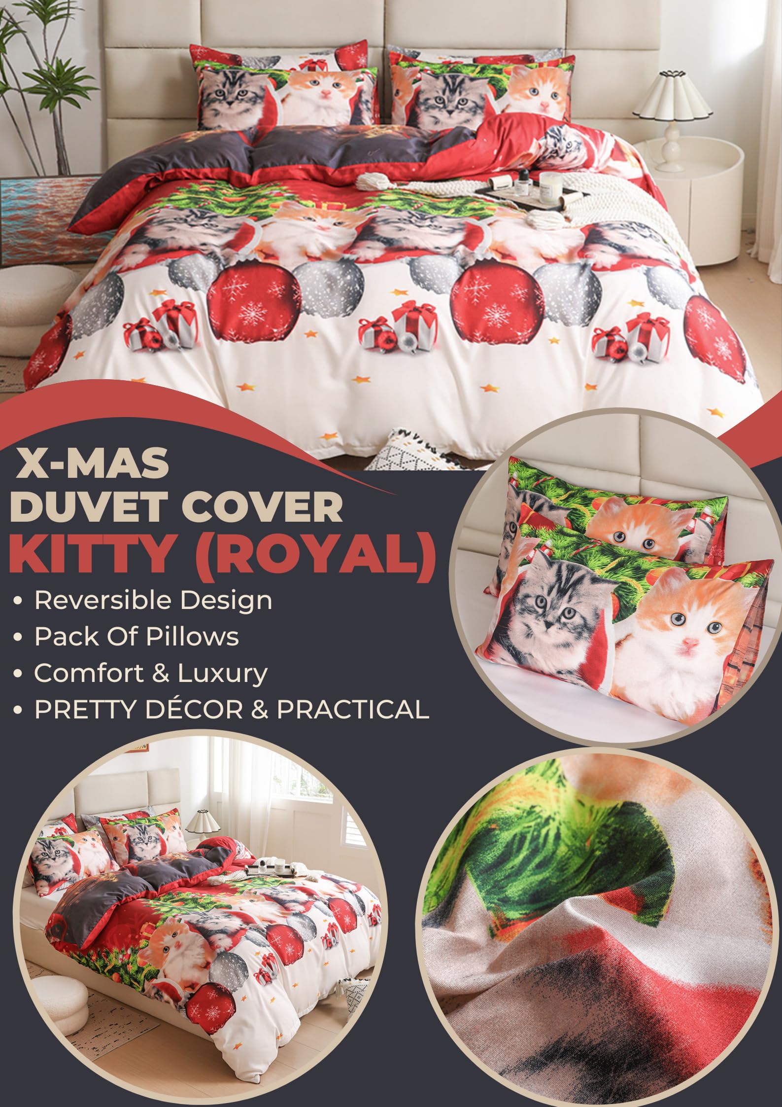 Christmas Royal Santa Claus Merry Xmas Kitty Duvet Quilt Cover & Pillowcase Bedding Set Multi-Colour Snowman Presents Set Ultra Soft Easy Care - Image 2