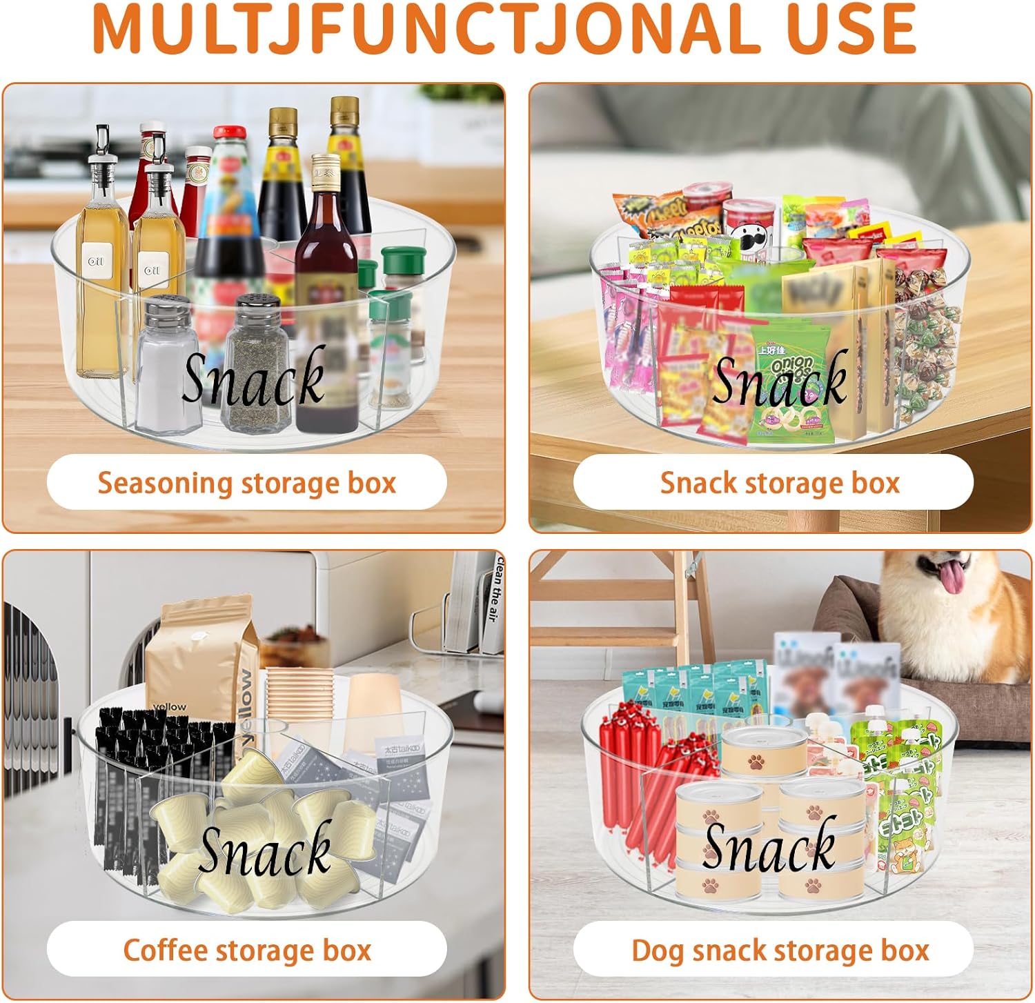 Snack Bar Station Bins,Transparent Rotating Snack Storage Pantry for Office Party Kitchen Cabinets Table,Snacks Basket Organizer,Snacks Holder Shelf,Carousel Storage for Food,Spices,Cosmetics