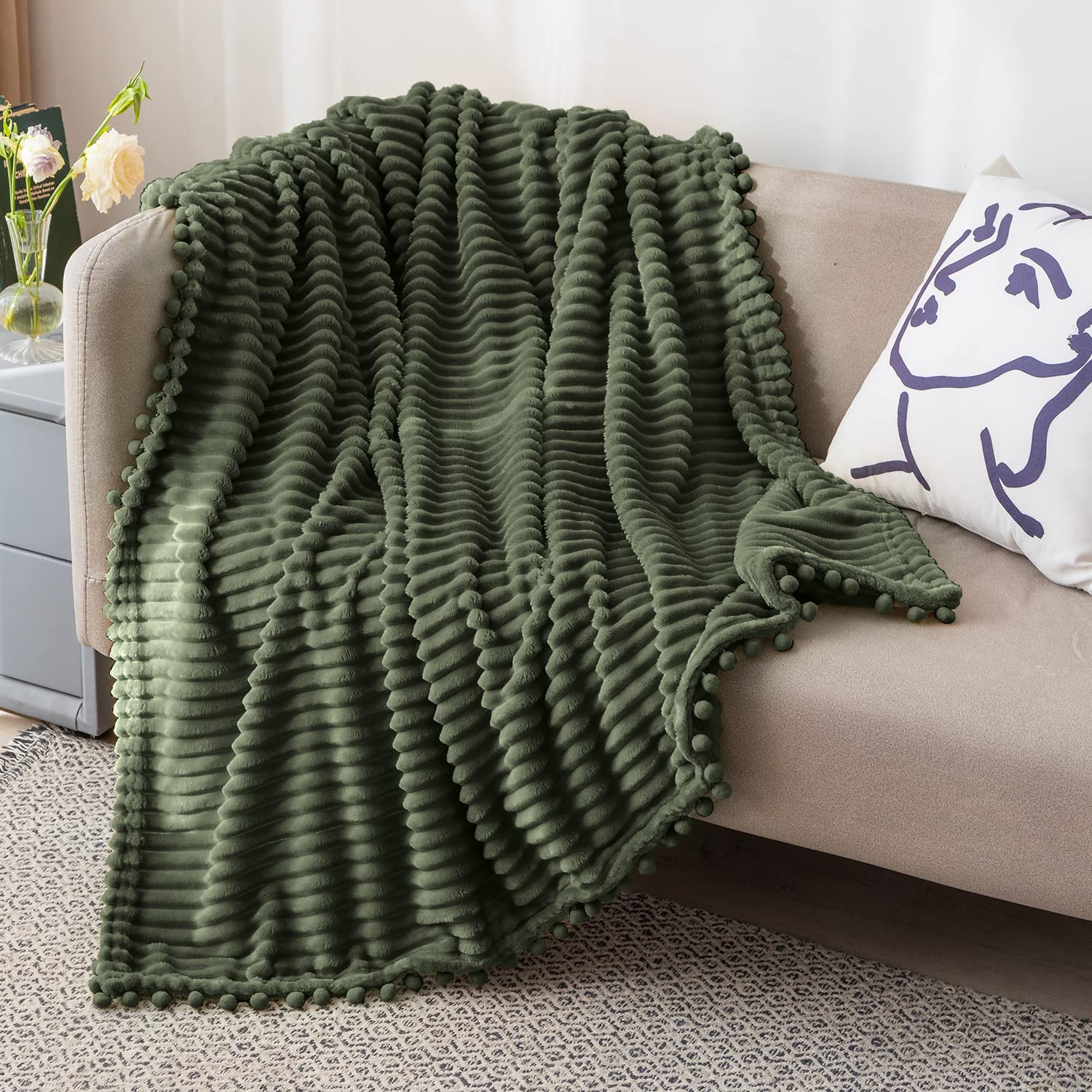 DISSA Fleece Blanket Throw Size – 51x63, Olive Green – Soft, Plush, Fluffy, Fuzzy, Warm, Cozy – Perfect Throw for Couch, Bed, Sofa - with Pompom Fringe - Flannel Blanket Throw Blanket