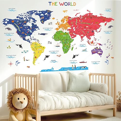 Miniatura 2 de BASHOM SG2-115 - Calcomanías de pared de mapa del mundo de animales grandes, calcomanías educativas para niños, guardería, dormitorio, sala de