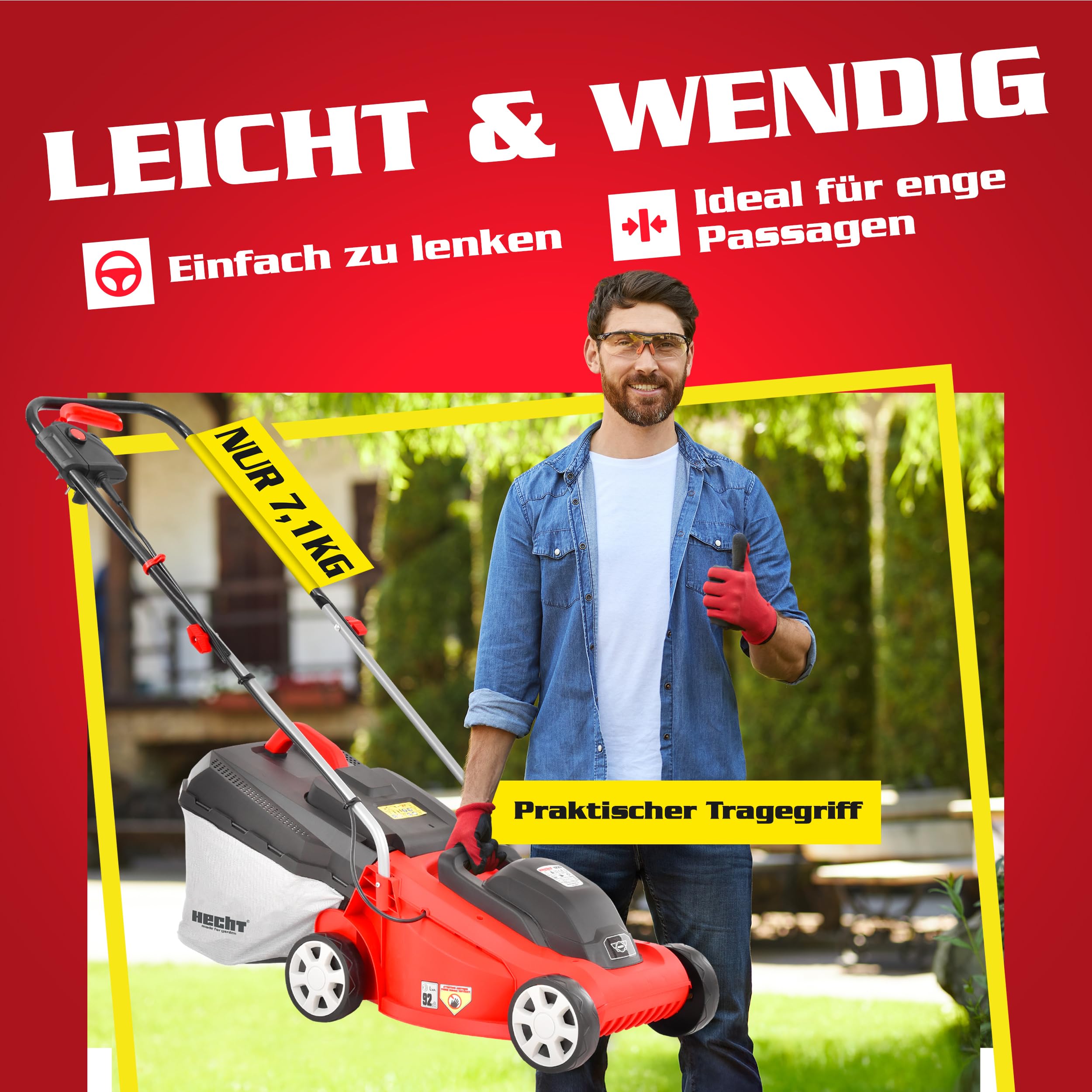 HECHT Elektro Rasenmäher 2in1 1300 W 33 cm 30 L Fangkorb | Radschnitthöheneinstellung 20-60 mm, kompakter Rasenmäher für Garten, Vorgarten und regelmäßige Rasenpflege