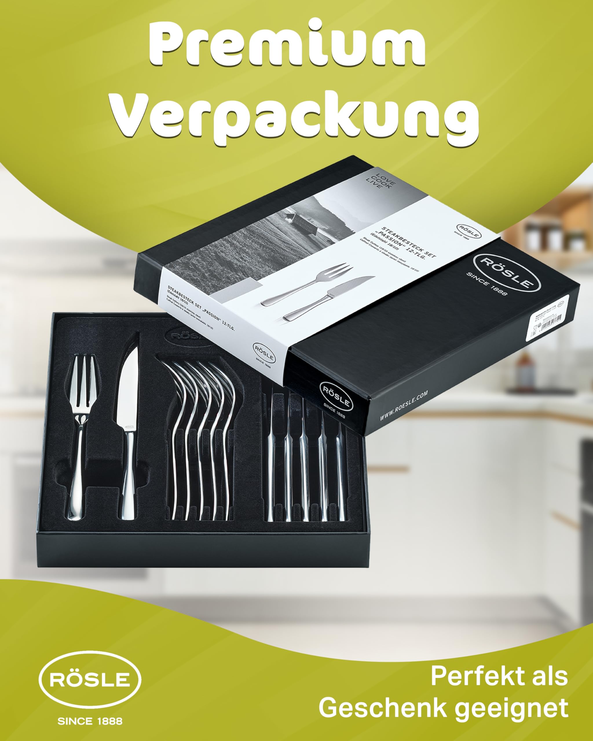 RÖSLE PASSION Steakbesteck 12-teilig – Hochwertiges Steakbesteck Set für 6 Personen aus Edelstahl 18/10 und Klingenspezialstahl – Hochglanzpoliert, Spülmaschinengeeignet, in Eleganter Geschenkbox
