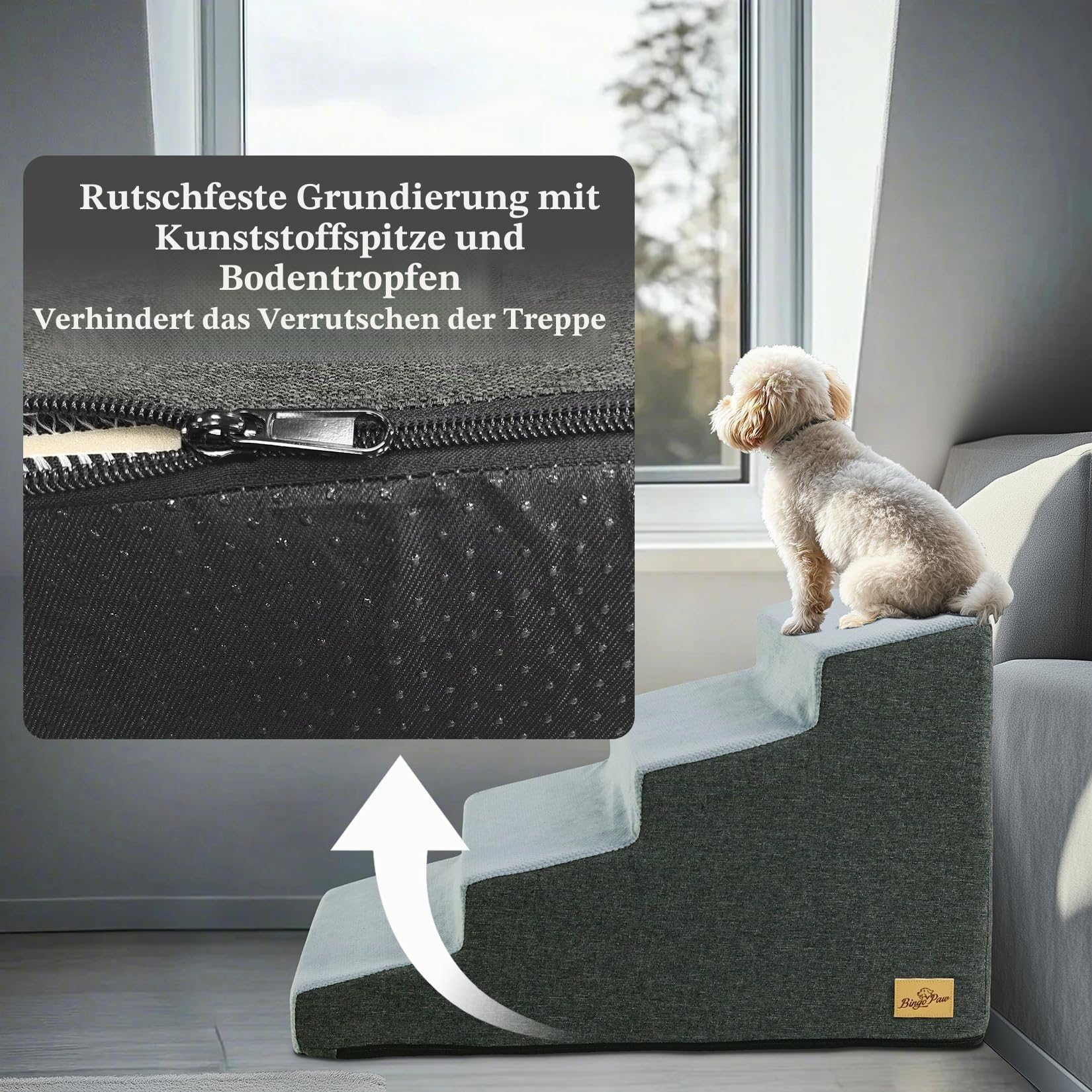 BingoPaw Hundetreppe 4 Stufen 50cm hoch, Haustiertreppe für Bett und Sofa aus Hochdichtem Schwamm, Tragbar Hunderampe mit Abnehmbarem, Waschbarem Bezug und Rutschfestem Boden, 39x76x50cm