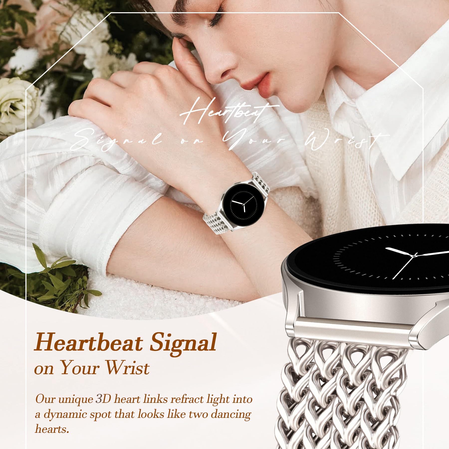 JR.DM Starlight Bracelet de montre en métal de 20 mm pour femme – Bracelet élégant en acier inoxydable compatible avec Samsung Galaxy Watch 7/6/5/4/Active 2/4 6 Classic/5 Pro/FE 40 mm, 42 mm, 43 mm