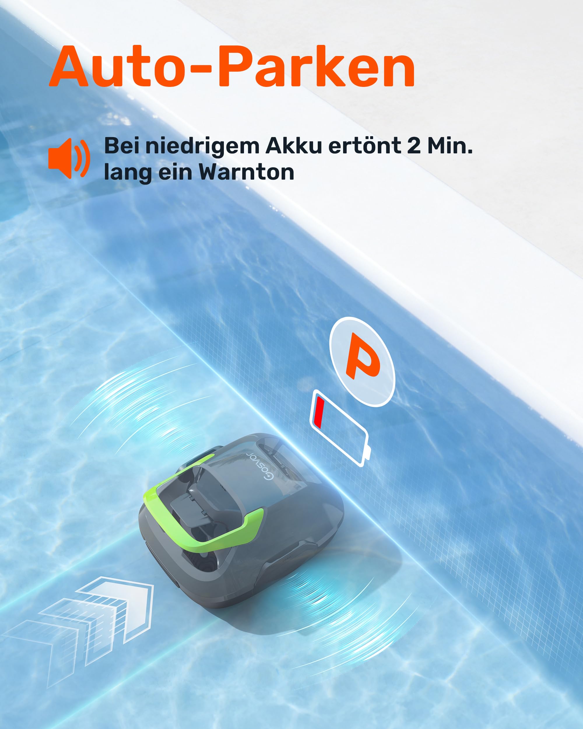 (Upgrade) Gosvor Poolroboter Akku, Bis zu 7200 LPH Effiziente Reinigung mit Power-Clean-Modus, Bis zu 90 Min., 3,4 KG Leicht, Einfach zu Bedienen & Warten, Poolsauger für Flache Böden bis 80㎡, Grün